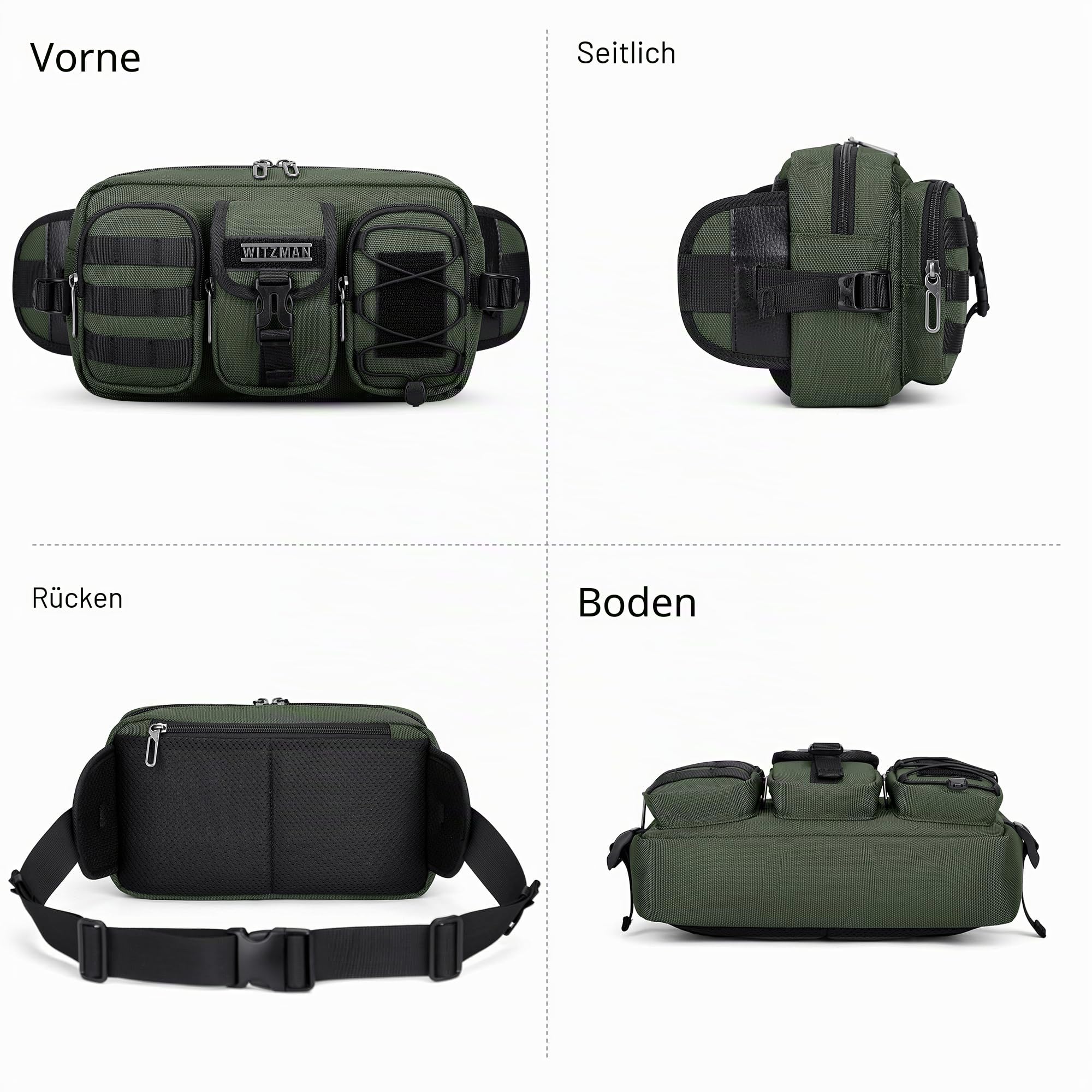 WITZMAN Bauchtasche für Herren, Mehrfächer Moderne Gürteltasche für Reisen | Wasserfestes Nylon, 5L Hüfttasche, Passt Großes Handy für Hundespaziergänge, Wandern, Alltag, Laufen, B733 Grün