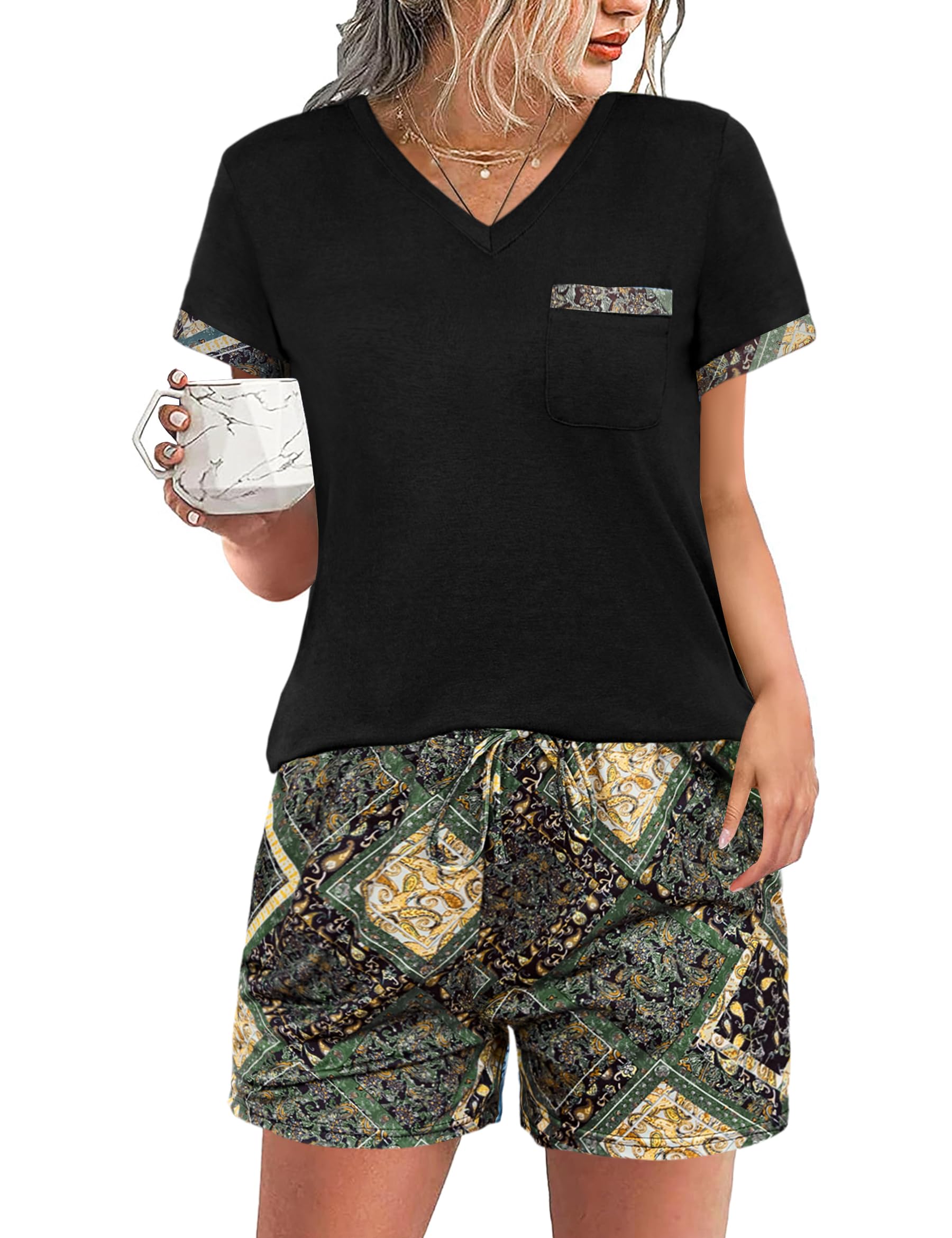 Jahetuul Pyjama Damen kurz Baumwolle Schlafanzüge Sommer Loungewear Zweiteiler Nachtwäsche bequem Pyjama Shorts Shorty Pyjamahose Hausanzug