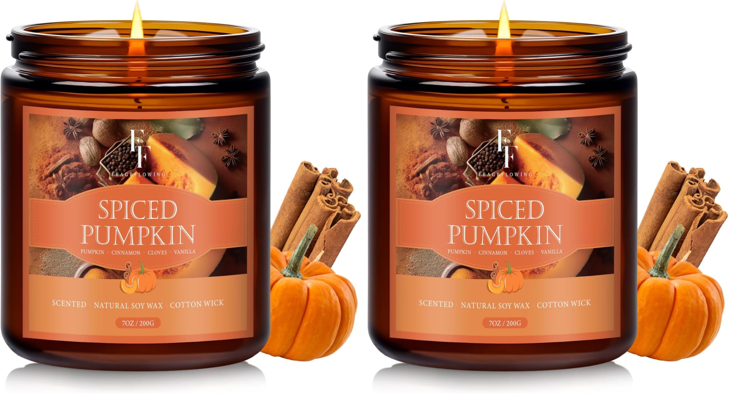 Fall Candle, Spiced Pumpkin Scented Candles for Home, Natural Soy Autumn Candle Aromatherapy Candle, 7 oz Jar Candles Fall Gifts for Women Men (Pack of 2)