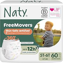 Naty FreeMovers Pull Up Training Pants, Size 8, 5T-6T, 37+ lbs, 60 Count | For Sensitive Skin, Hypoallergenic Potty Training Underwear, Up to 12 Hours Leak Protection, Fragrance-Free, Stretchy comfort