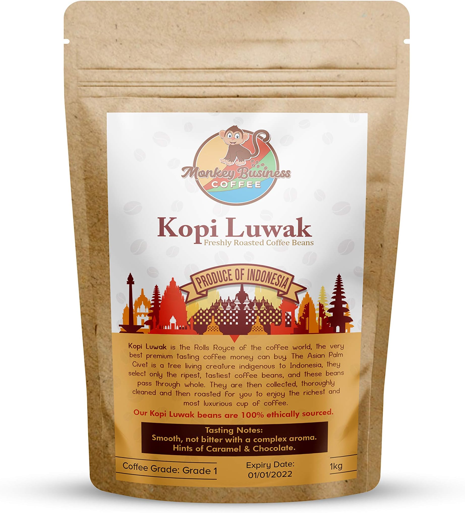 Monkey Business Coffee - Wild Kopi Luwak Coffee Whole Beans - Sustainably Sourced (from Indonesia) - 1 Kilogram