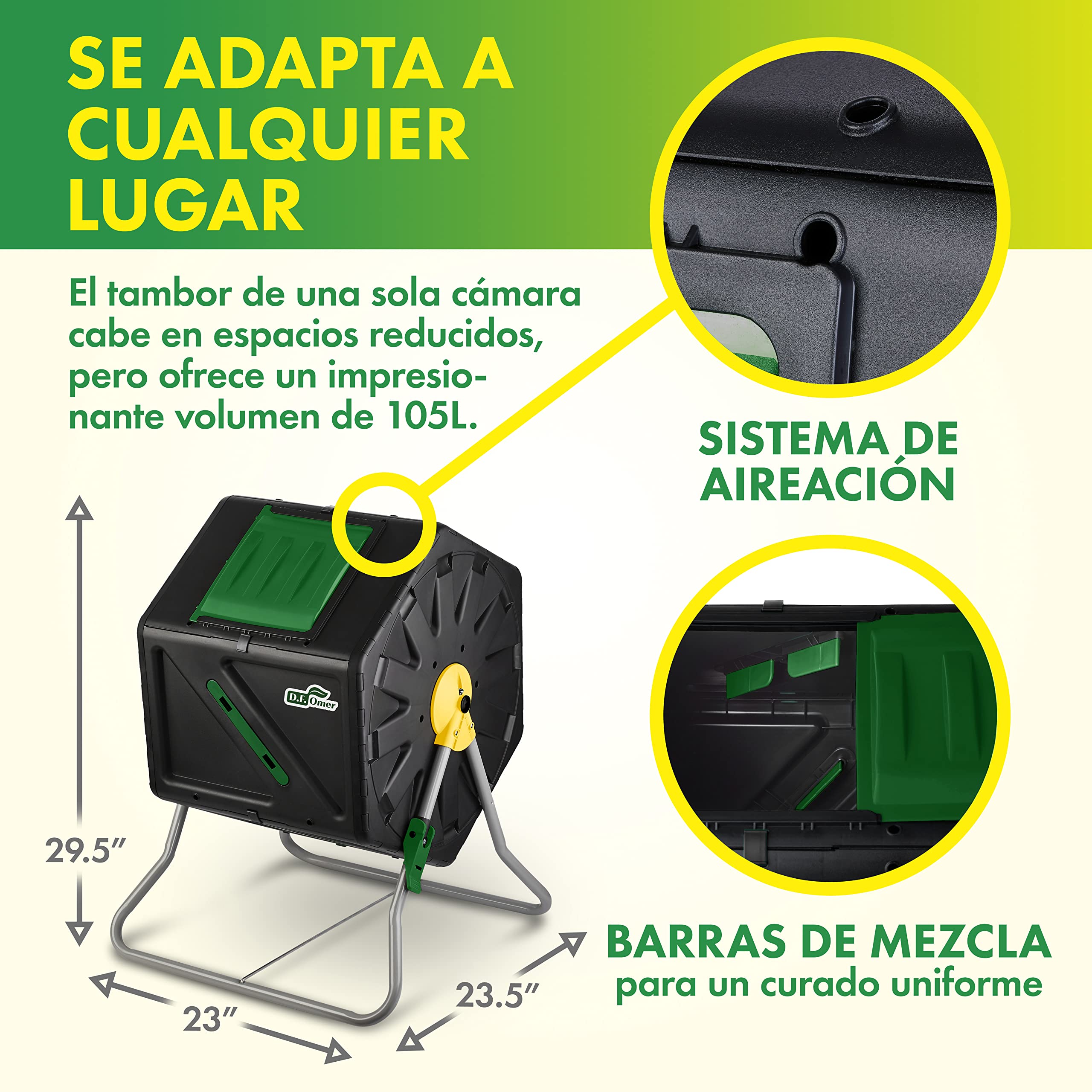 DF OMER Contenedor De Compostaje De Una Cámara para Jardín Al Aire Libre - Diseño Compacto Capacidad De 105L - Compostador De Barril con Tambor Rodante Resistente