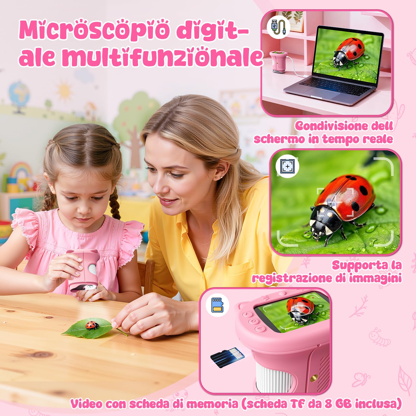 2 in 1 Microscopio Digitale e Telescopio per Bambini, 1000x Zoom, Schermo da 2,4 Pollici, Schermo HD da 2 MP, 8 Luci LED - Un Regalo Perfetto per Bambini Dai 6 ai 12 Anni