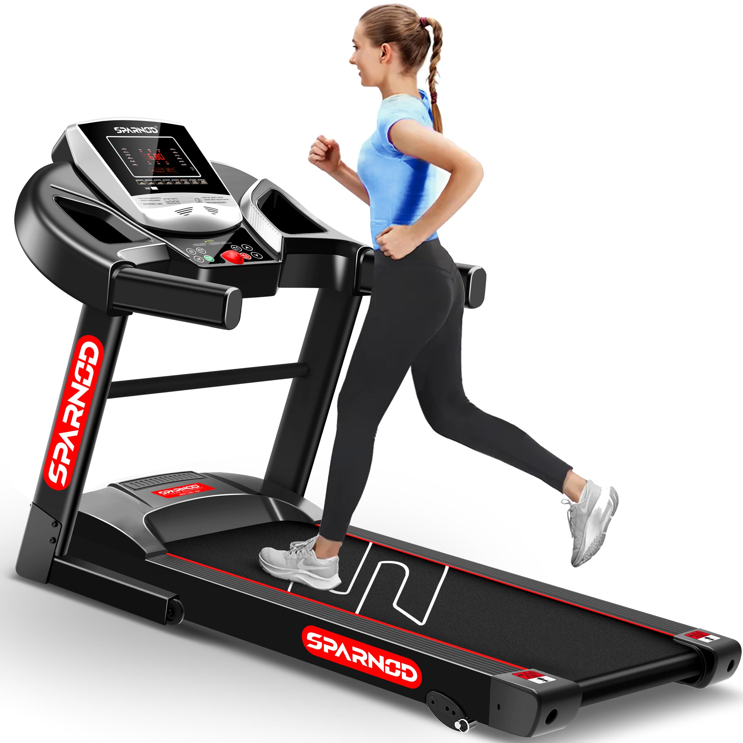 Sparnod Fitness STH-1200 Motorized Treadmill for Home Use, 4 HP Peak DC Motor, Bluetooth,12 km/hr Speed, 110 kg Max User Weight, 12 Preset Workouts, Manual Incline, Hi-Fi Speaker, Safety Key