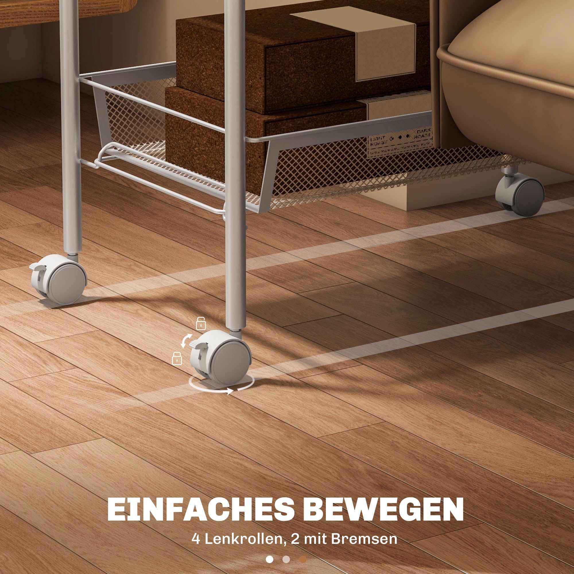 HOMCOM Servierwagen mit 5 Ebenen Küchenwagen mit abnehmbar Korb Haken Griff Rollwagen Allzweckwagen Küchenregal mit Rollen für Küche Büro Badezimmer, Stahl, Weiß