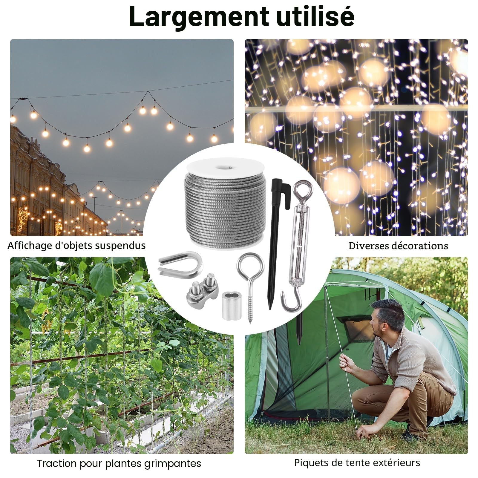 50m Câble Acier Kit, Câble Métallique en Acier Inoxydable Épais de 3mm, Tendeur Câble Inox avec Tendeur M5 de Fil, 304 Cable Acier Inoxydable à Noyau 7 x 7 Brins pour Plante Grimpante, Corde à Linge