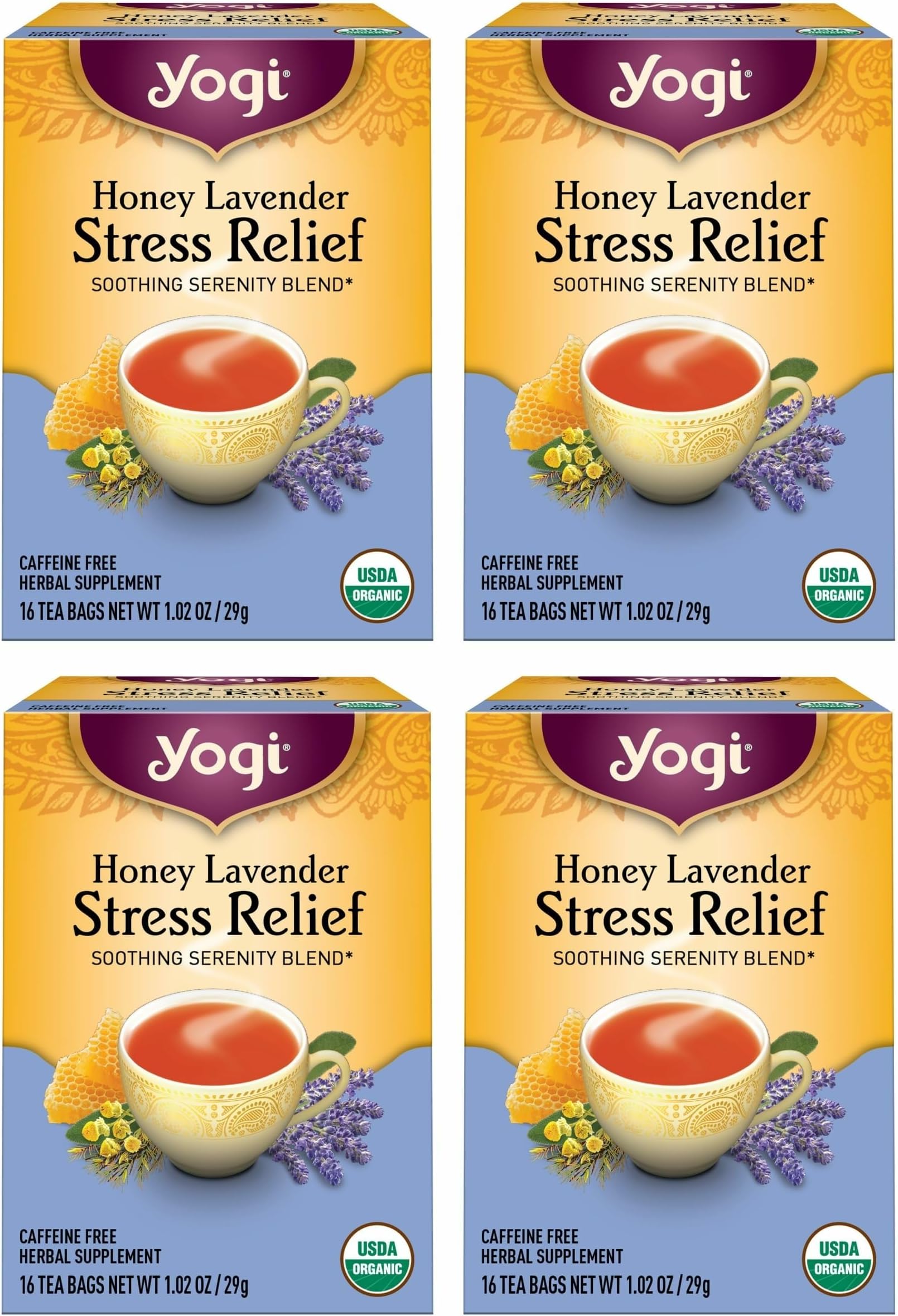 Yogi Tea Honey Lavender Stress Relief - 16 Bags per Pack (4 Packs) - Organic Chamomile Lavender Tea - Includes Lemon Balm, Lemongrass, Spearmint Leaf, Peppermint Leaf, Honey Flavor & More