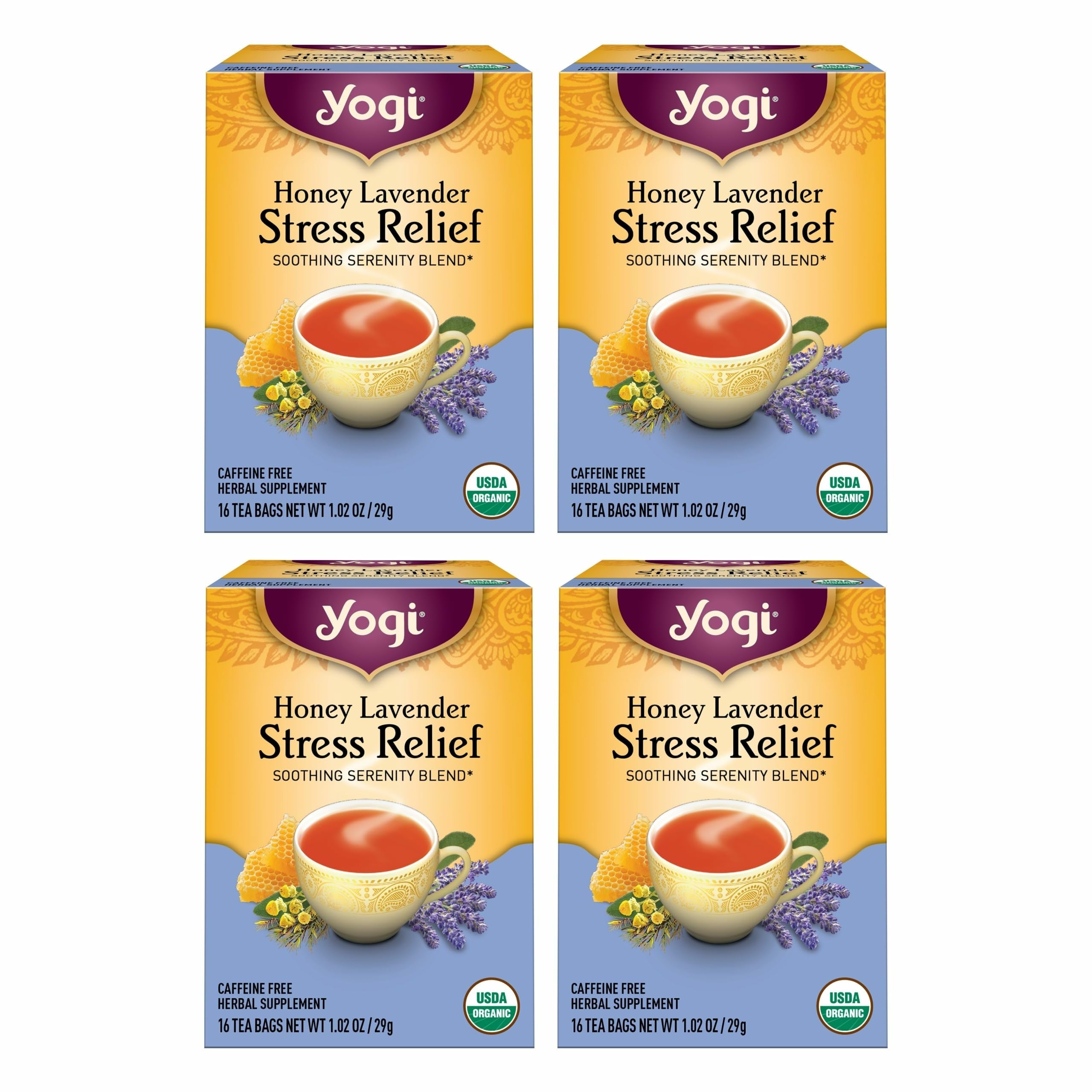 Tea Honey Lavender Stress Relief - 16 Bags per Pack (4 Packs) - Organic Chamomile Lavender Tea - Includes Lemon Balm, Lemongrass, Spearmint Leaf, Peppermint Leaf, Honey Flavor & More