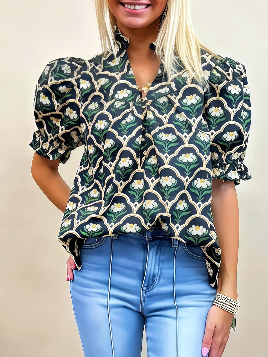 Womens Puff Short Sleeve Floral Shirt Ruffle V Neck Button Front Blouse Pleated Top - Image 6