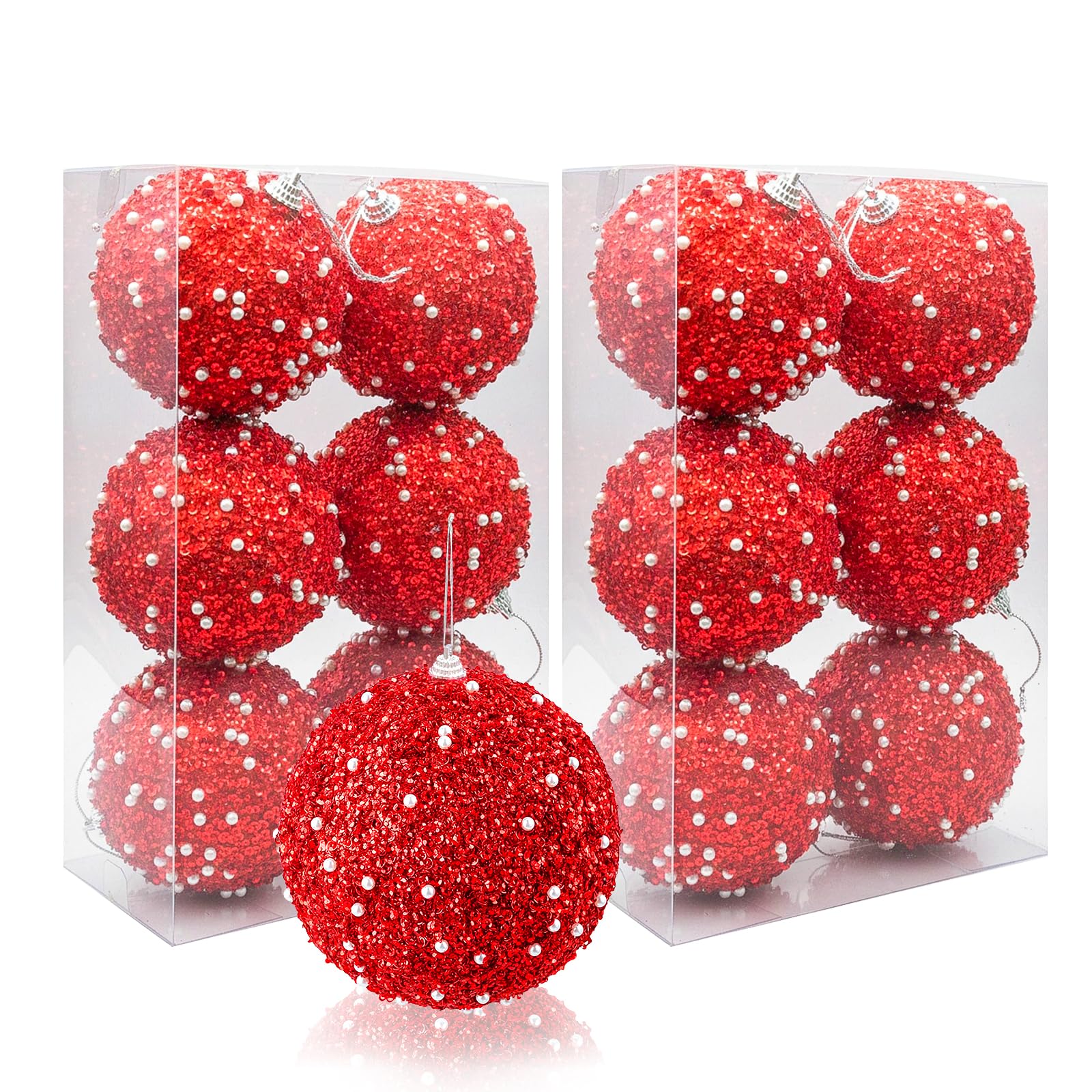 Photo 1 of 12 PCS Chinese New Year Decorations for Christmas Tree, 3.15" Red Glitter Christmas Ball Bulk Xmas Valentine's Day Sequin Foam Hanging Ornament Decorative Hanging