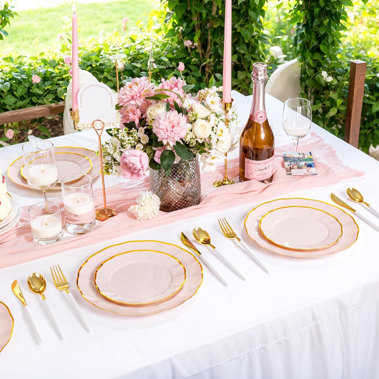 supernal 60pcs Pink and Gold Plastic Plates Fancy Elegant Disposable Scalloped Plastic Plates Heavy Duty Disposable Dinnerware Set for Parties, Bridal Shower,Weddings & Birthdays - Image 6