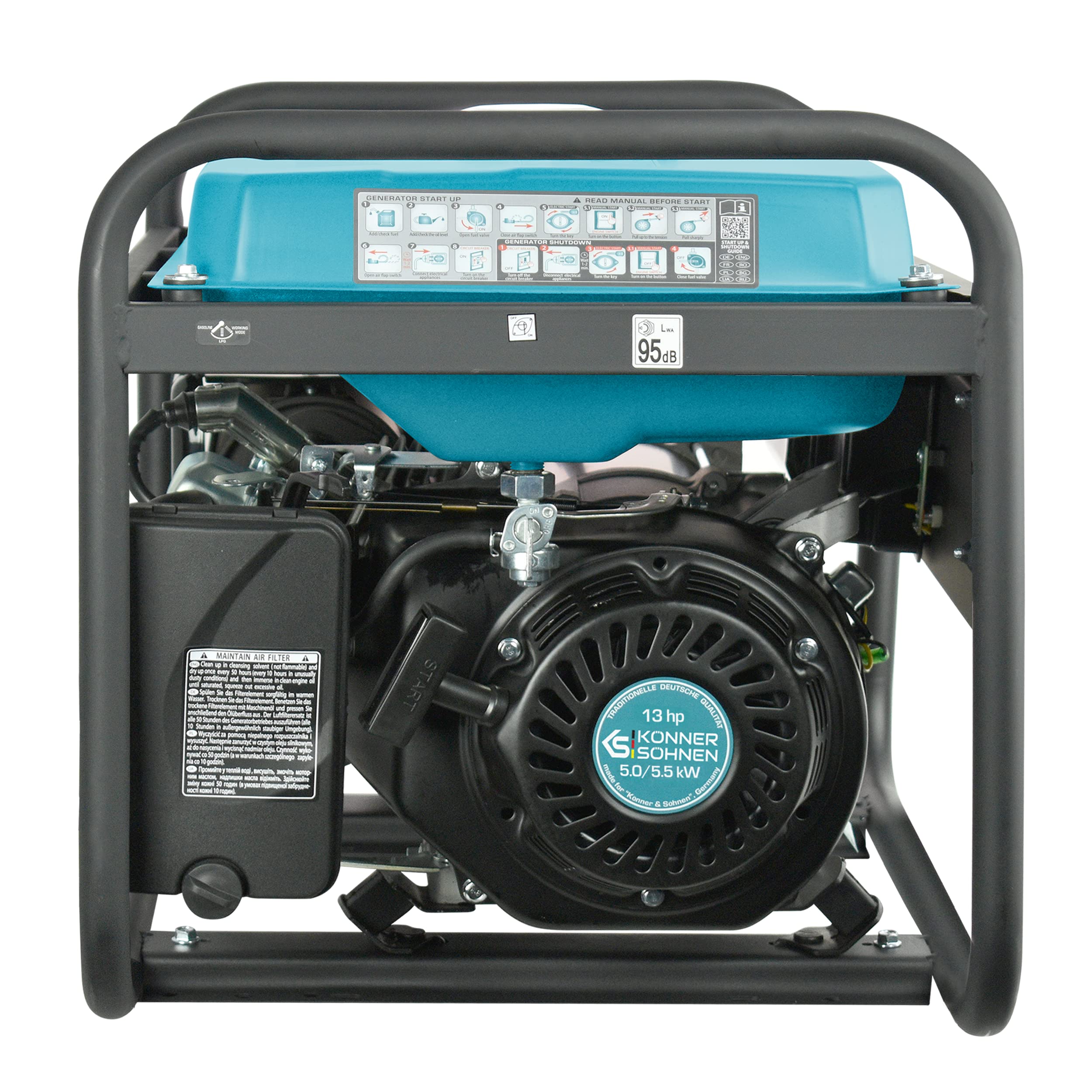 Könner & Söhnen Generador de gasolina KS 7000, generador electrico 5500W, 1x16A, 1x32A (230V), motor original EURO-V, power station con (AVR), indicador aceite, protección ante sobrecarga, pantalla