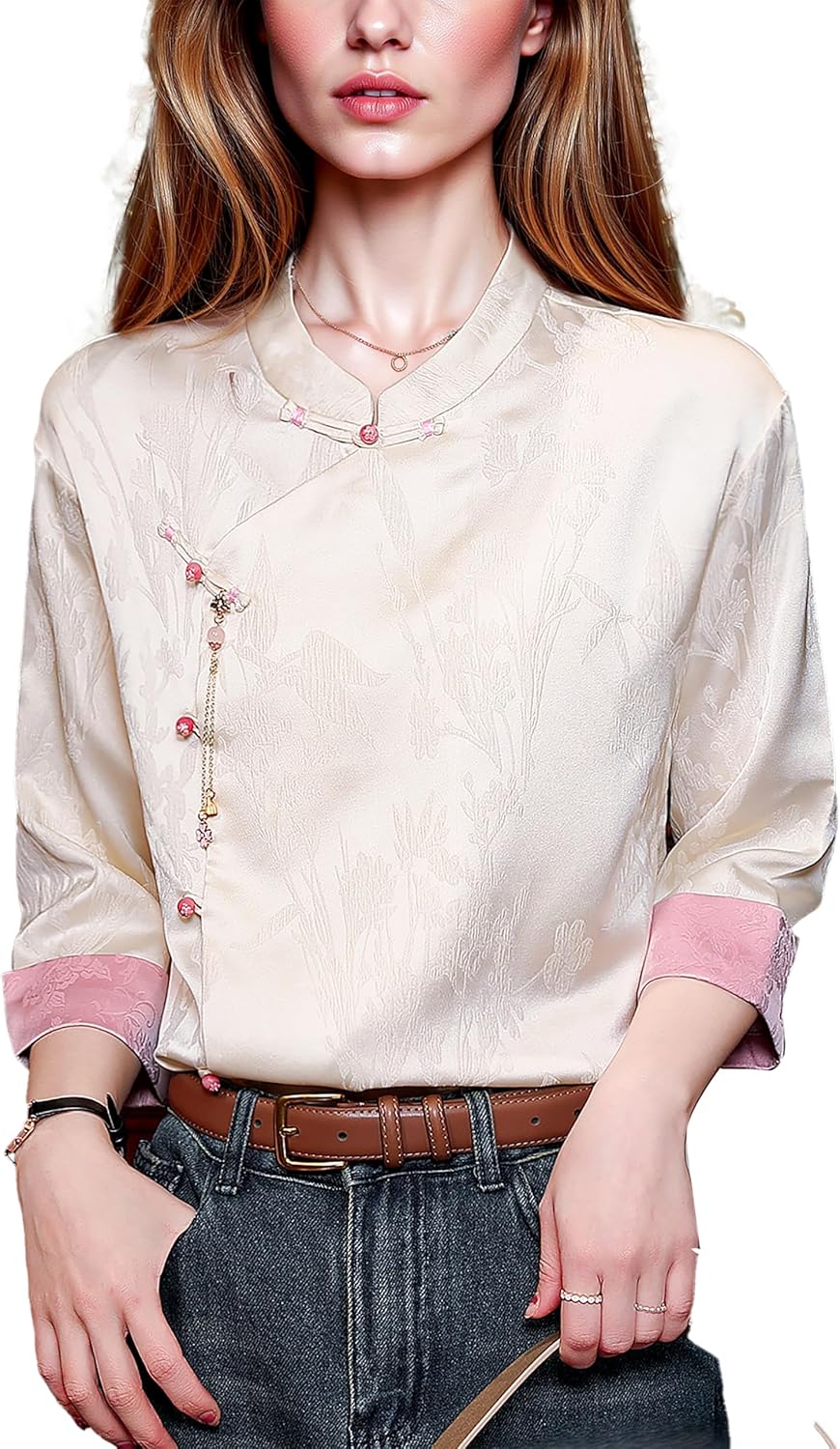 LAI MENG FIVE CATS Women's Vintage Silk Satin Top Embroidery Elegant Jacquard Long Sleeve Casual Blouses