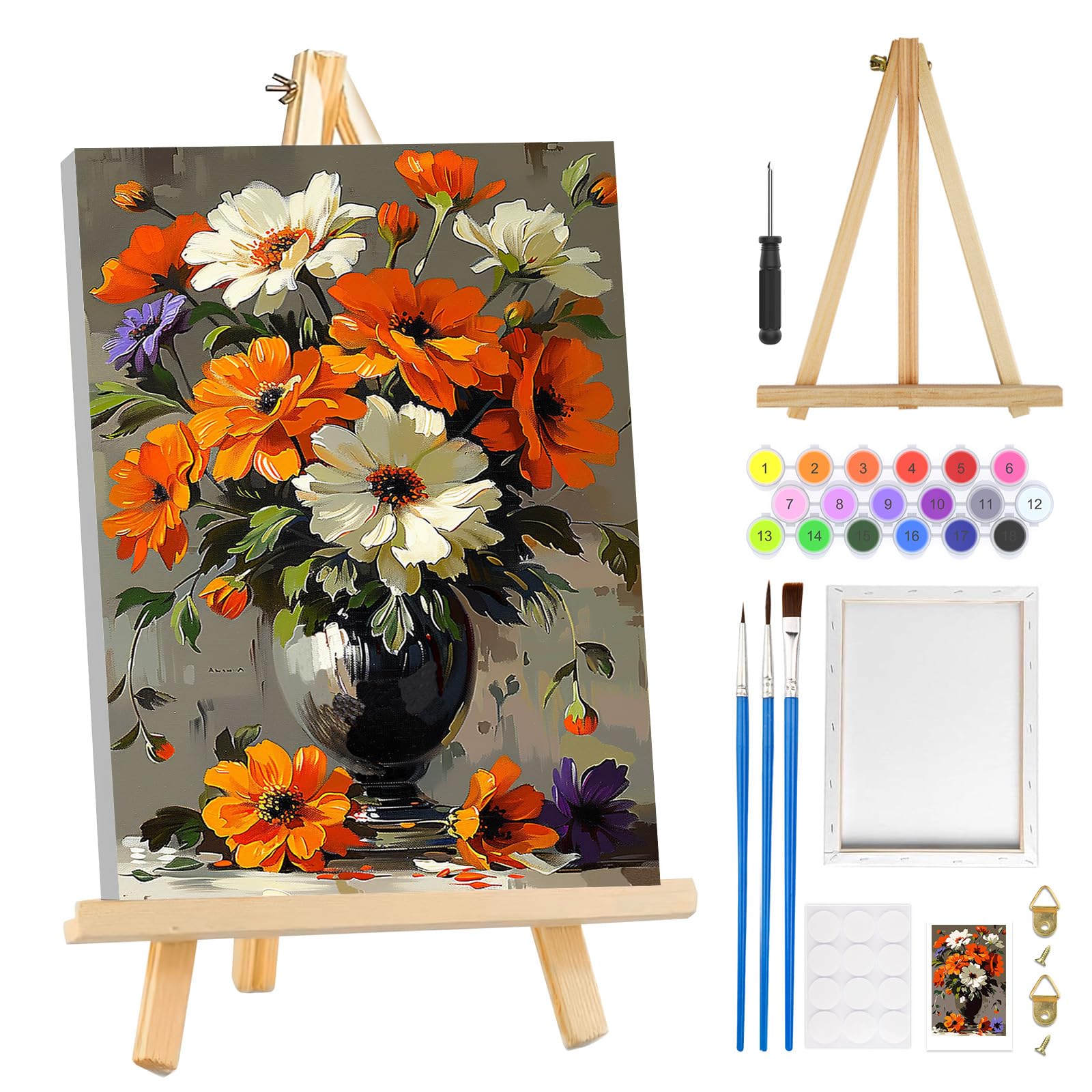 MOGTAA Framed Paint by Numbers for Adults Flowers with Wooden Easel, Flowers in Vase Painting by Numbers for Adults on Canvas, DIY Acrylic Oil Painting Kits Art Crafts for Home Decor, 8x12in