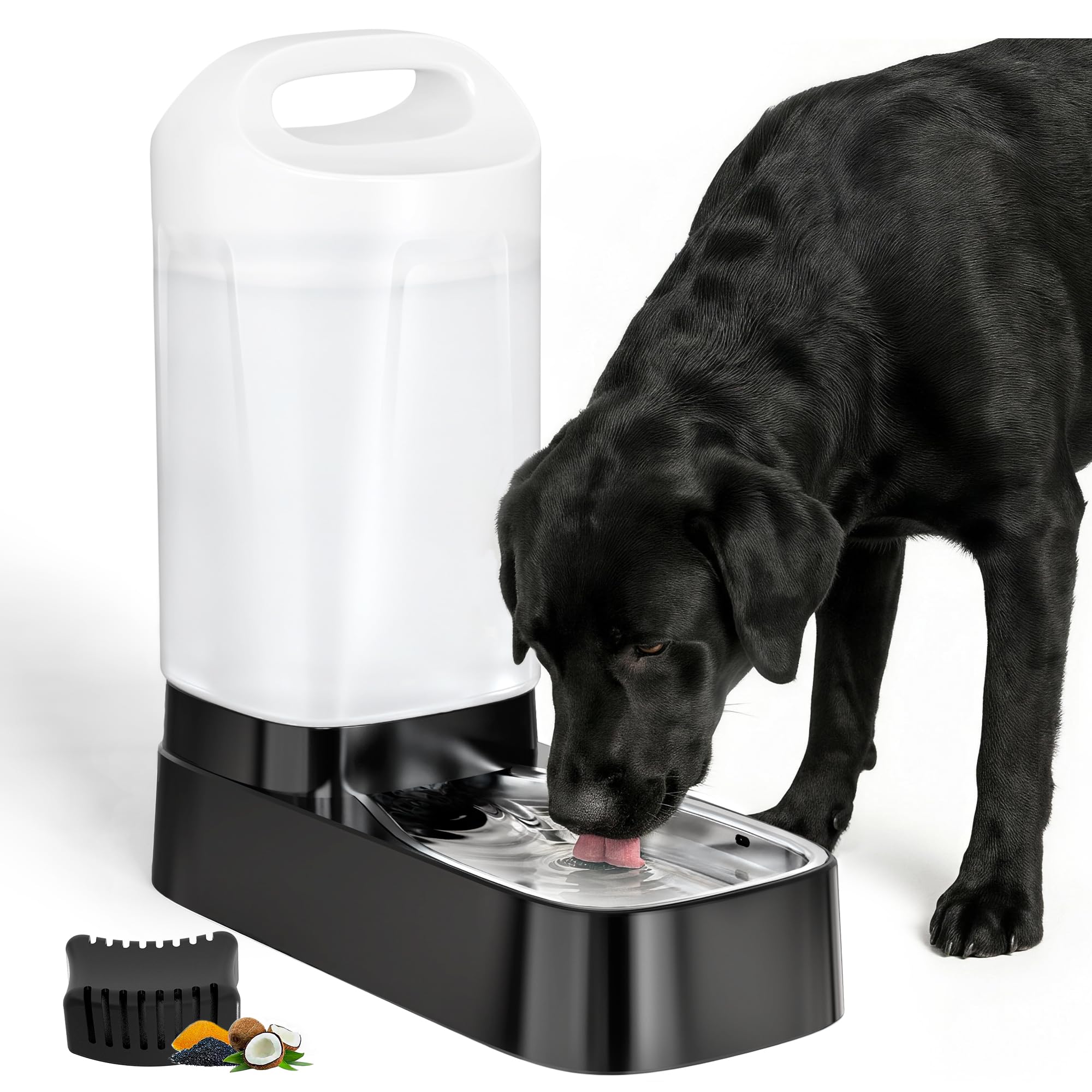Distributore automatico di acqua per cani con filtro, 7,6 litri, grande gravità, alimentatore automatico per animali domestici, con ciotola in acciaio inox e maniglia per il trasporto facile per cani