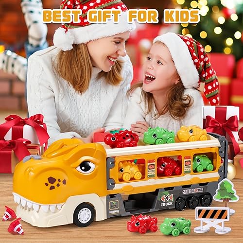 Miniatura 7 de Camión de dinosaurios de juguete para niños de 2, 3, 4, 5, 6, 7 años, pista plegable y modo de carrera de 2 jugadores, transportador de luz y sonido