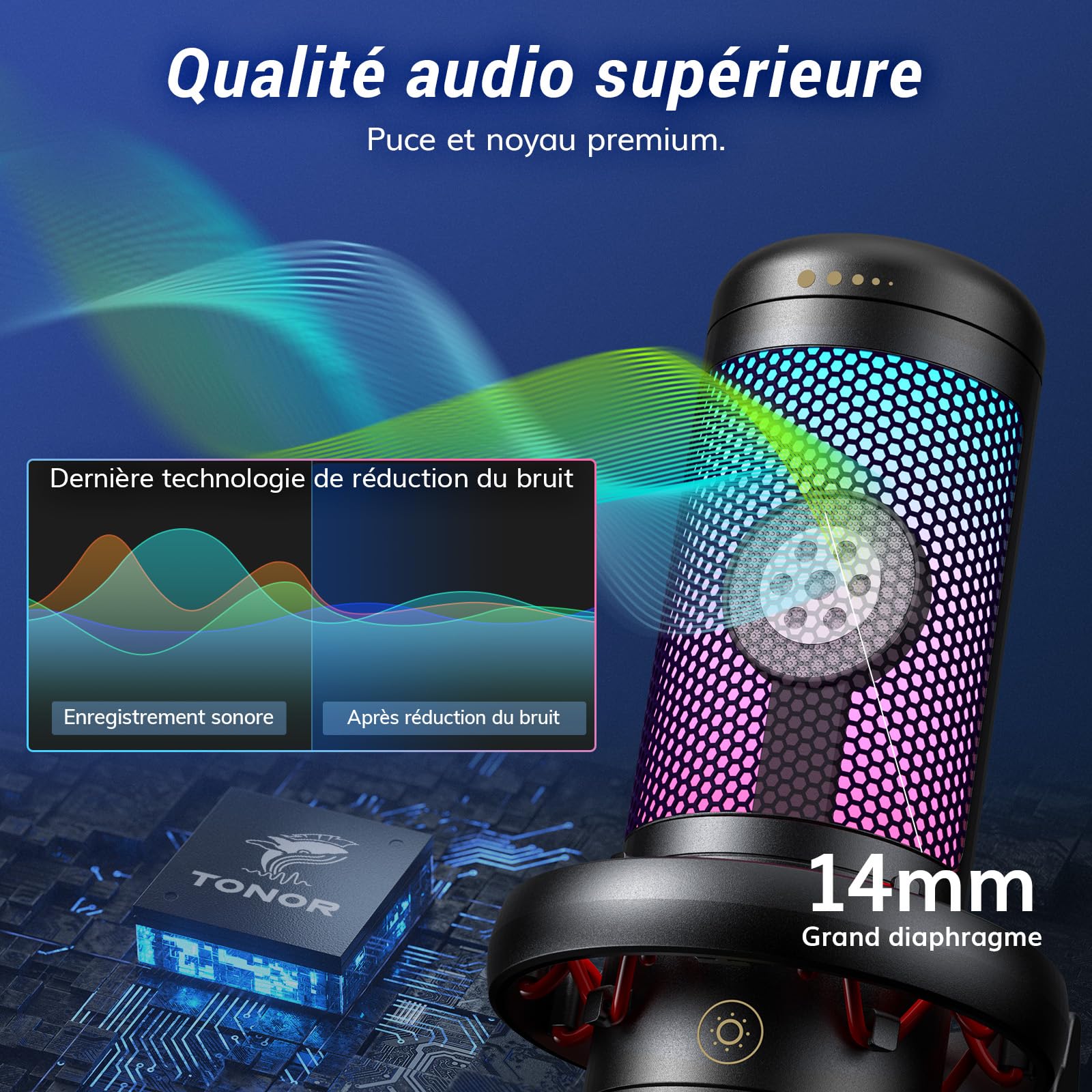 TONOR Micro PC Gaming RGB, USB Microphone Condensateur Professionnel Mic avec Support de Bras pour Streaming, Enregistrement, Youtube Discord Gaming, Voix-Off pour Ordinateur Laptop Mac,200cm, TC310+