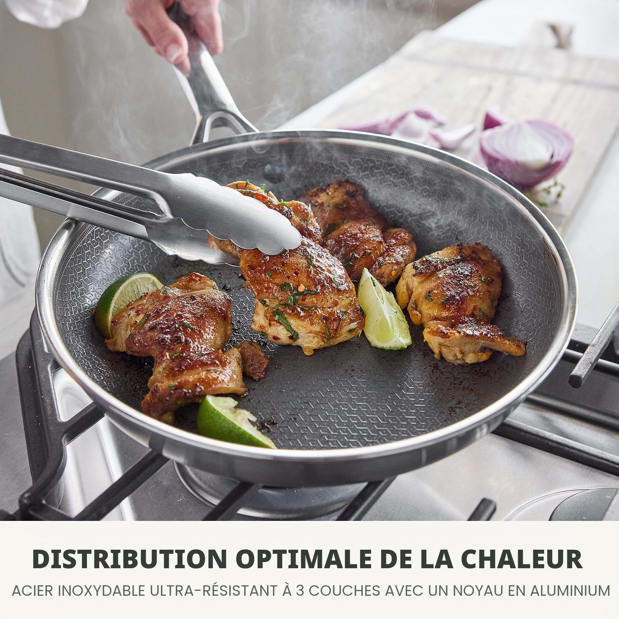 GreenPan Poêle hybride en acier inoxydable anti-adhésif de 24 cm APEX Tri-Ply Thermobond PFAS en céramique, compatible avec les plaques à induction, passe au four jusqu'à 220 °C, passe au