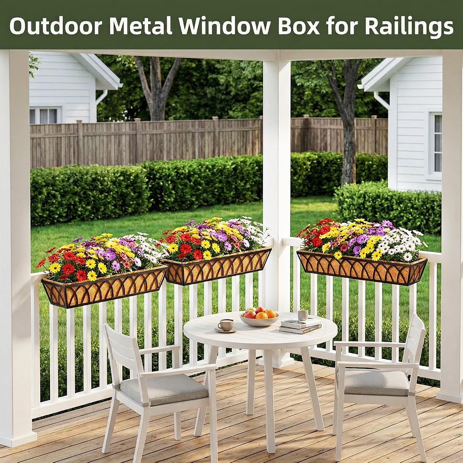 30 Inch 4 Pack Railing Planter with Adjustable Brackets, Window Box with Coco Liner, Hanging Metal Flower Box for Balcony Deck Fence Porch, Black