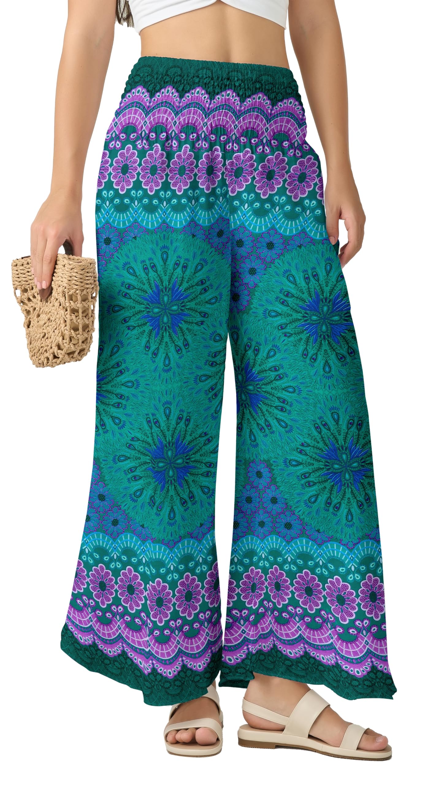 Joob JoobPalazzo Pants for Women - Boho Flare Leg Wide Summer Pant Women - Harem Waist Flowy Bottoms with Pockets