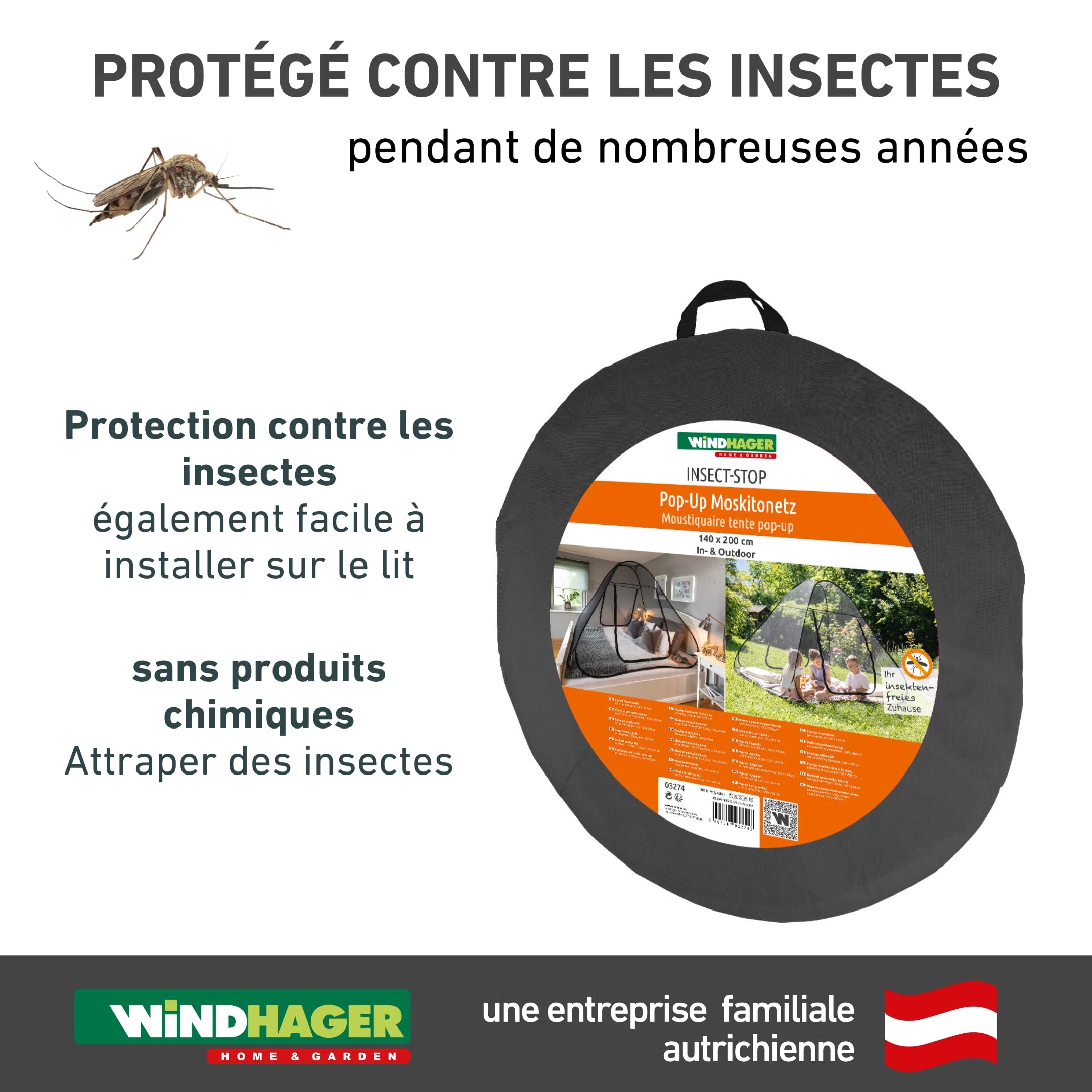 Windhager Pop Up 03274 Grande moustiquaire pour lit Double, Filet de Camping, Anti-Insectes, Anti-moustiques, pour lit, 140 x 200 cm, Anthracite