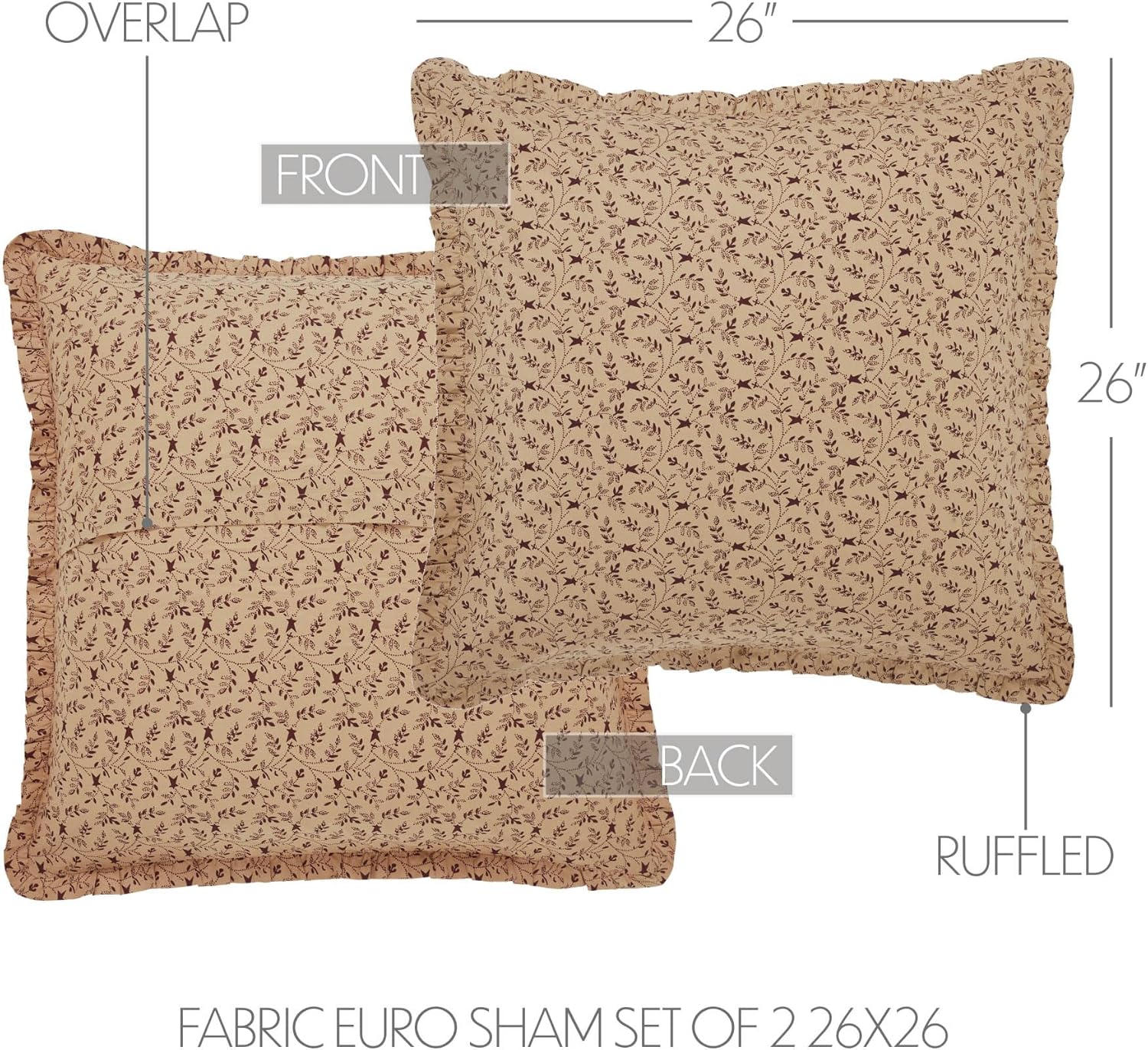 VHC Brands Euro Sham Ruffled Set of 2, Cotton Bedroom Euro Sham Covers, Flat Weave, Bedding Accessory, Bedroom Decor, No Insert, for Bed Couch Sofa, Pip Vinestar Collection, Square 26x26, Natural