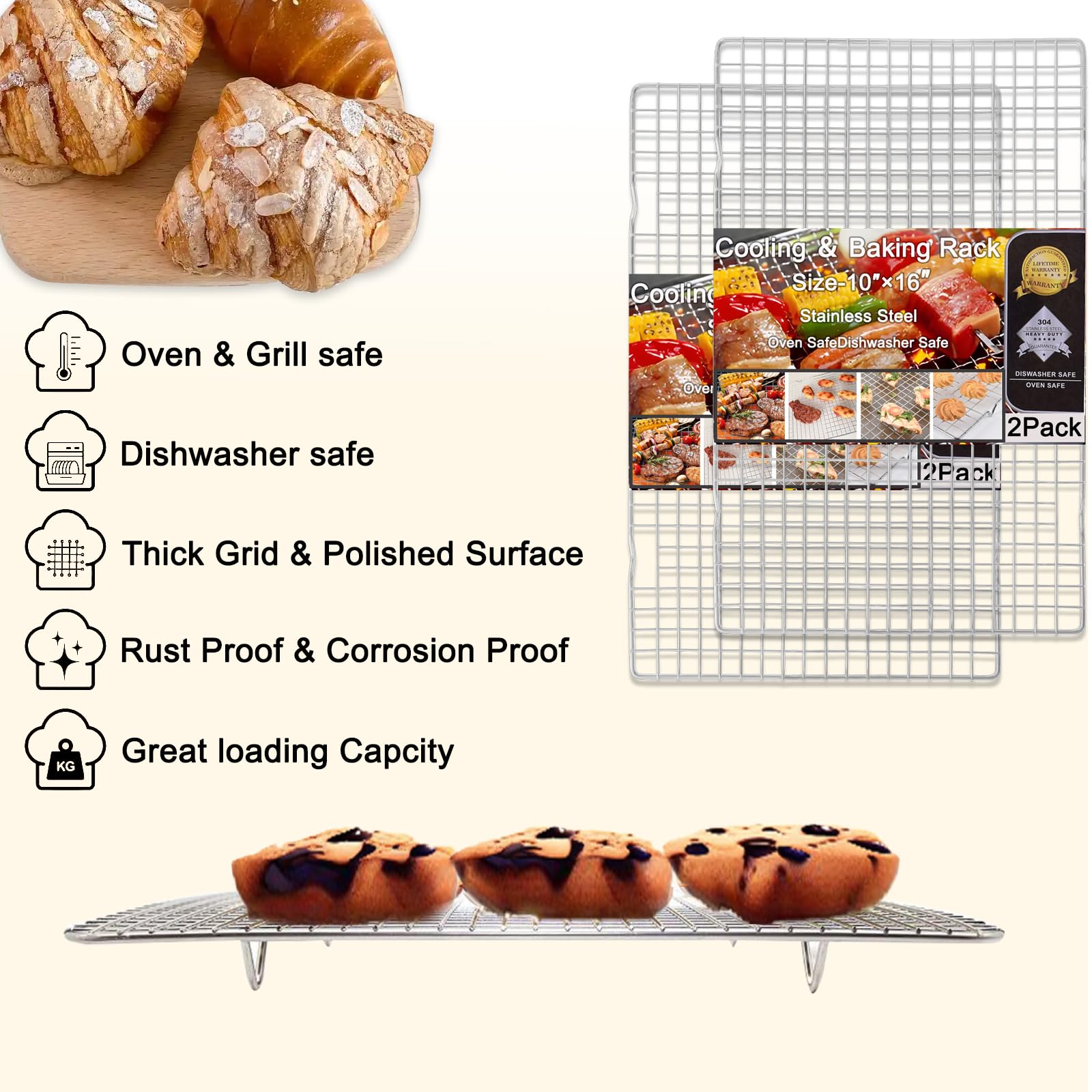 Griglia di raffreddamento per cucinare e cuocere – 20,3 x 28,9 cm, set di 2 griglie in acciaio inox, adatte al forno