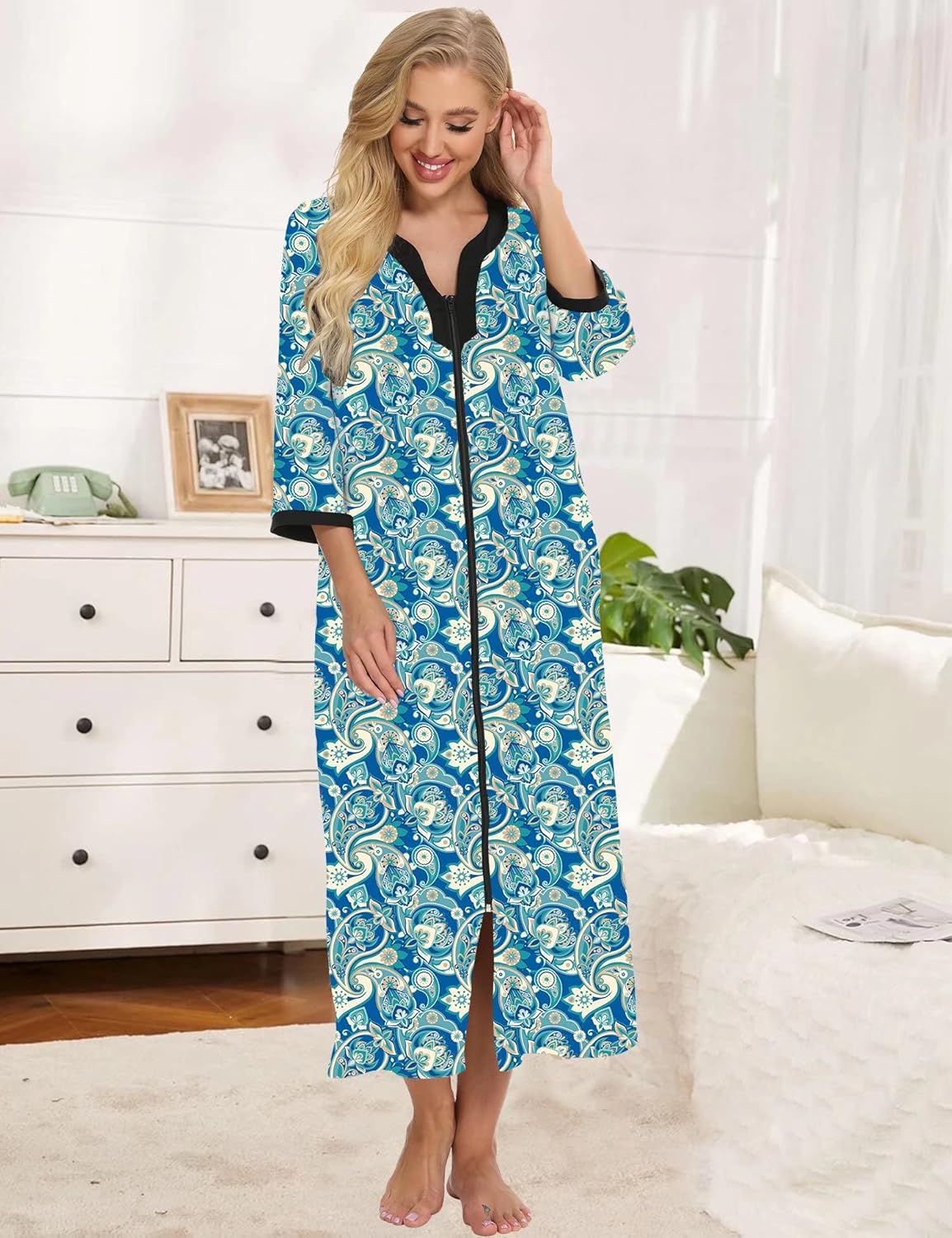 Bloggerlove House Dresses for Womens Robe Long Zip Up House Coat Half