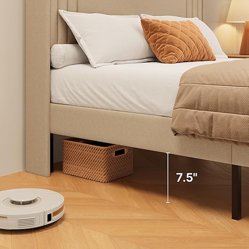 Miniatura 73 de Gizoon Base de cama Queen con cabecera de ala, plataforma tapizada con cabecera geométrica moderna, listones de madera, sin ruido, no necesita