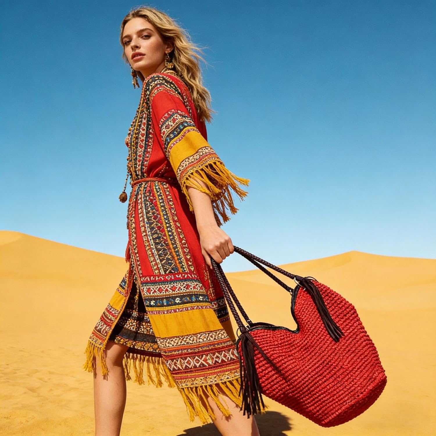 Soft Large Straw Shoulder Bag with Brown Charm Leather Tassels, Boho Leather Handle Tote Retro Summer Beach Bag Rattan Handbag (Red) - Image 7