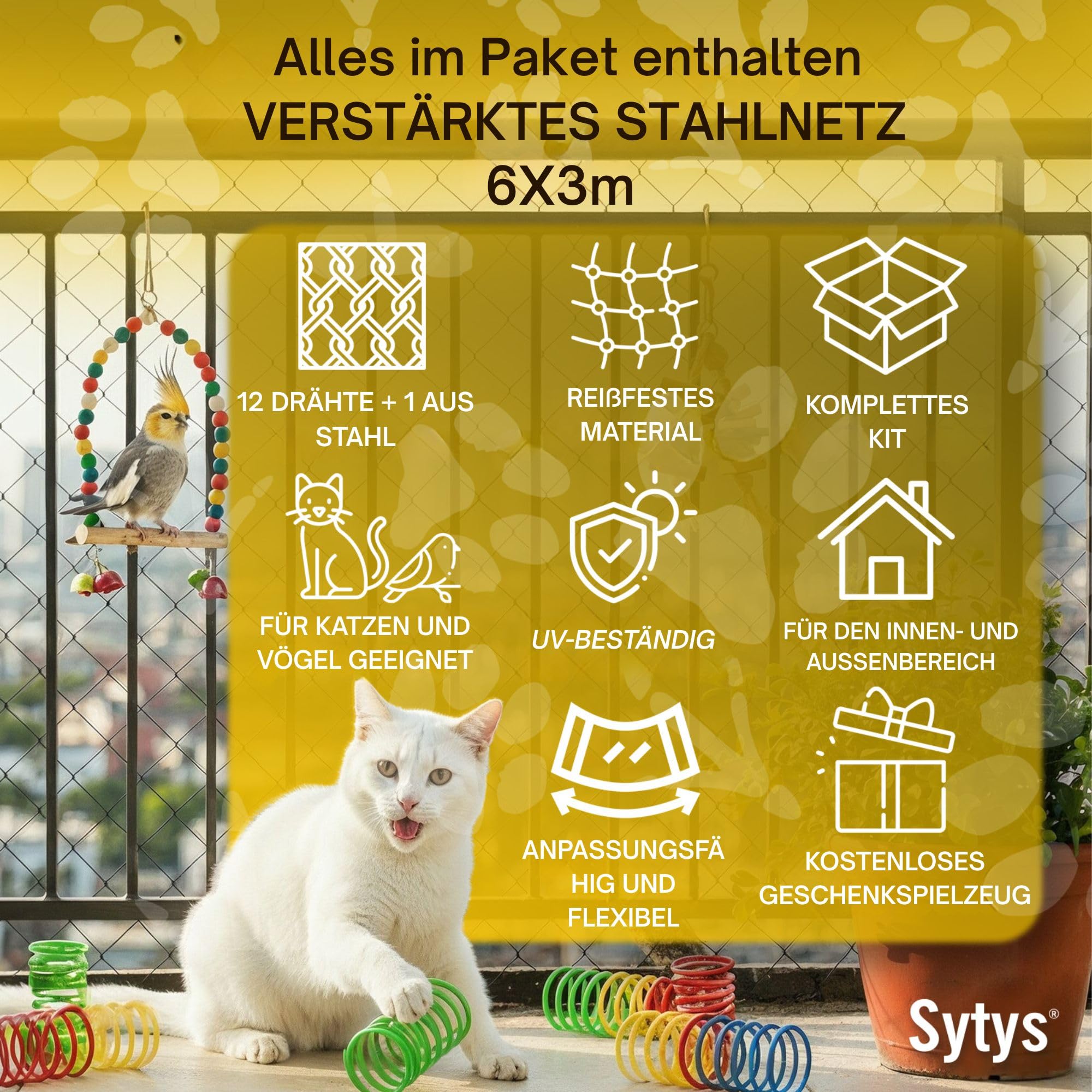 Katzennetz für Balkon | 6x3m | DRAHTVERSTÄRKT AUS Stahl | Geeignet für Feste UND SCHIEBBARE Montage | katzennetz für Balkon | Katzennetz Fenster | Schutznetz für Katzen | Schutznetz für Vögel