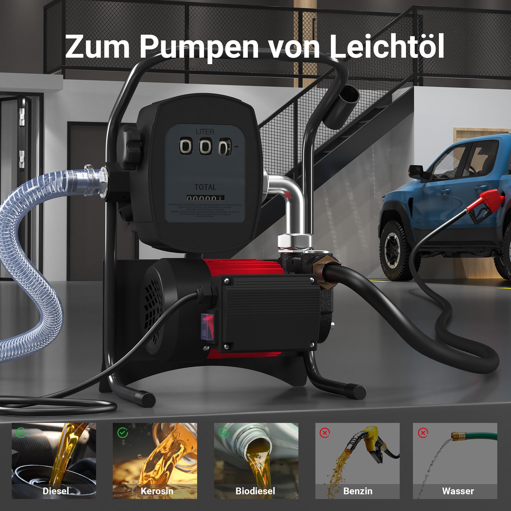 Wiltec Pompa do oleju napędowego i opałowego 600 W 40 l/min, przenośna samozasysająca z wbudowanym licznikiem, wężami i pistoletem