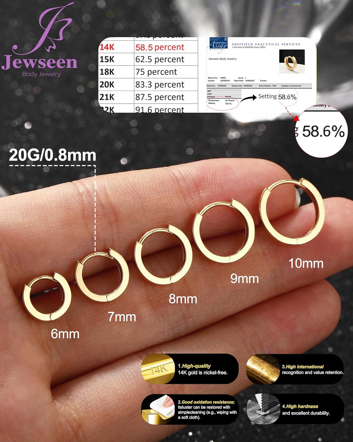 14K Solid Real Gold Hypoallergenic Square Cut Small Huggie Hoop Earrings 20G 6 7 8 9 10mm Unisex Small Hoop Luxury Fine Jewelry Gift