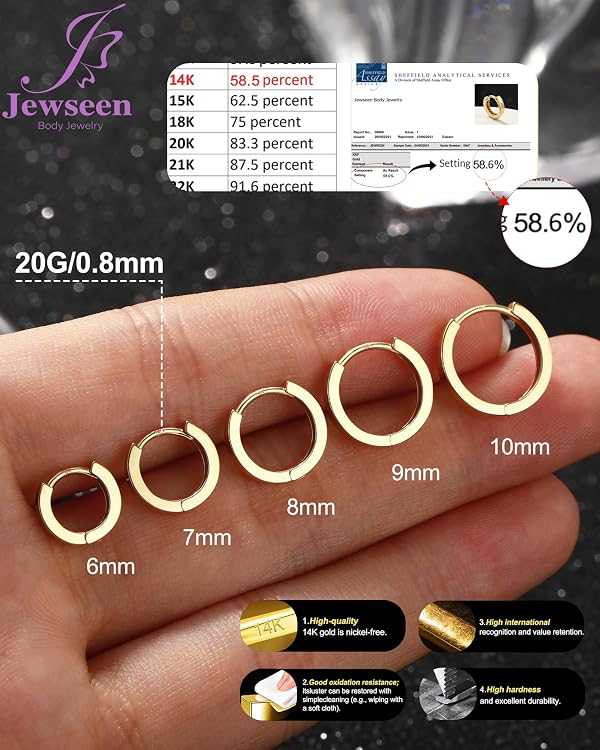 14K Solid Real Gold Hypoallergenic Square Cut Small Huggie Hoop Earrings 20G 6 7 8 9 10mm Unisex Small Hoop Luxury Fine Jewelry Gift 6mm by Jewseen - Used condition - Image 3
