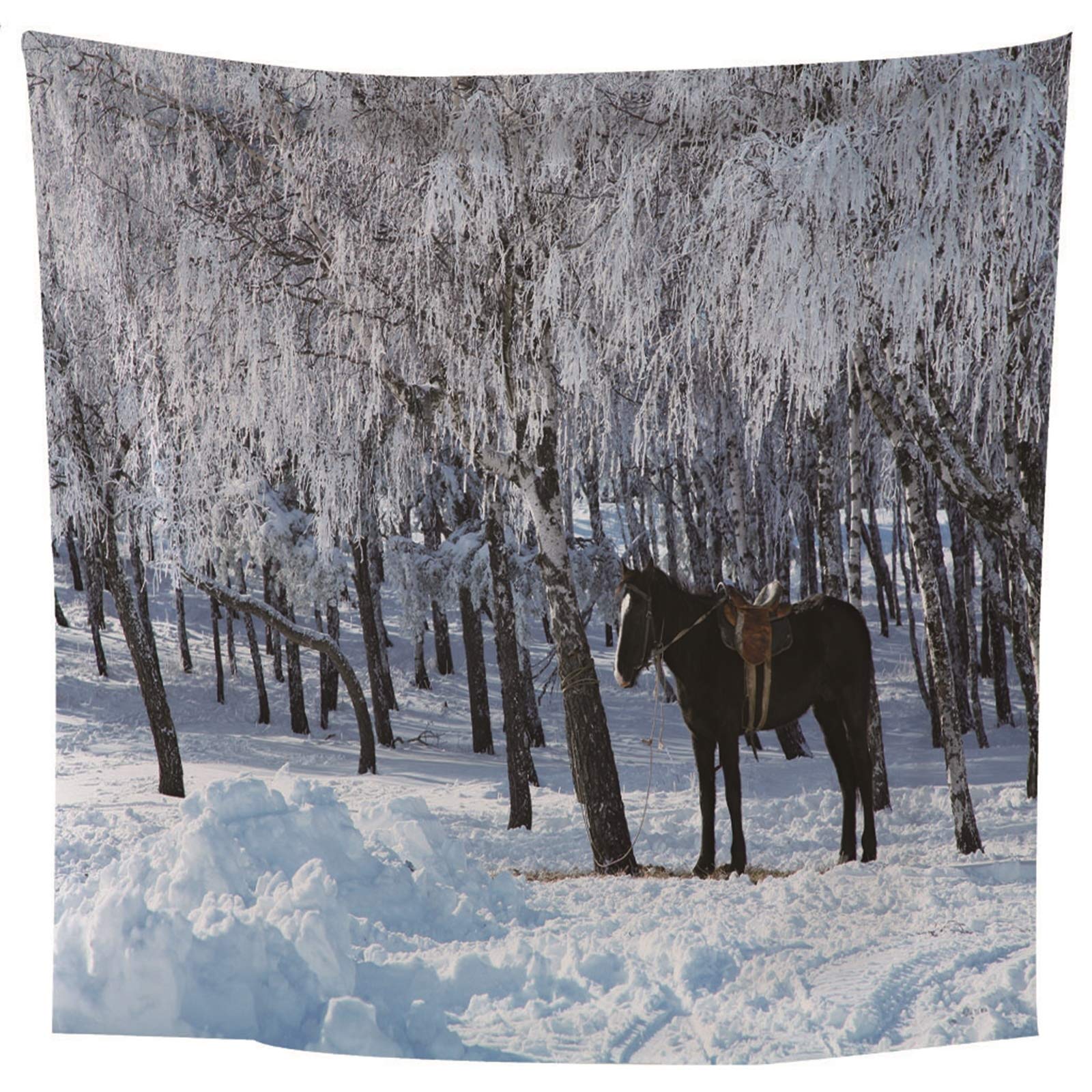 Makata na ścianę do sypialni 300 x 260 cm, poliester, w stylu vintage, z koniem i lasem, na zimę, na ścianę, do sypialni, salonu, dekoracja