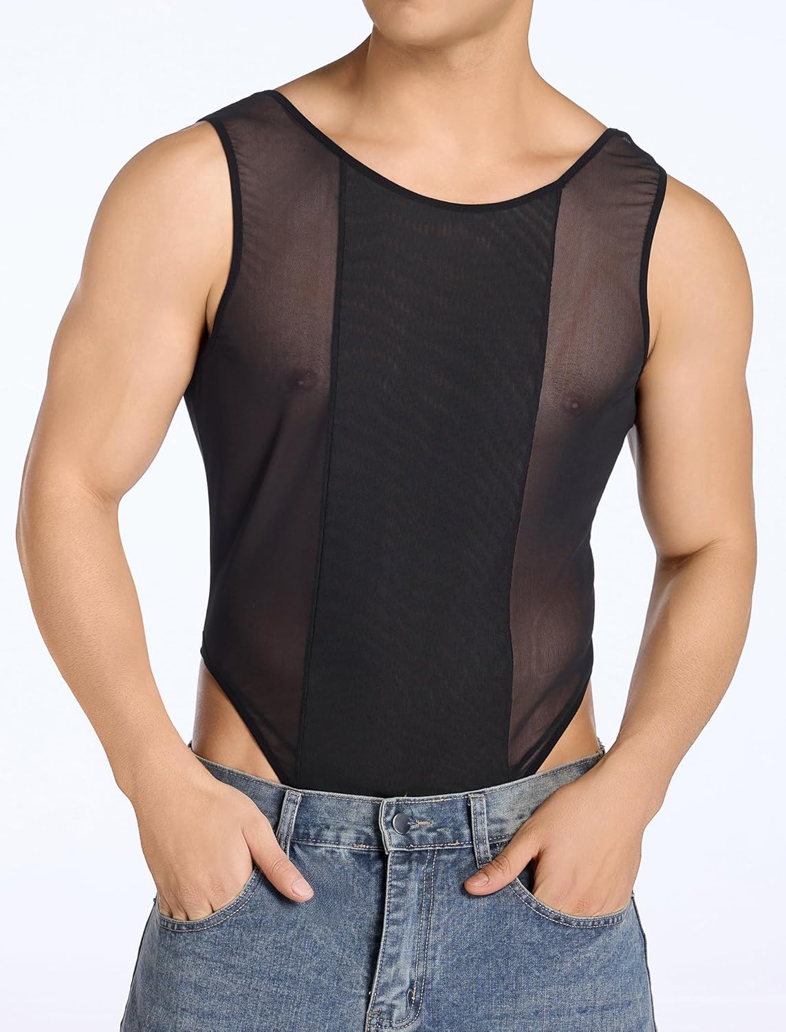 ABAFIP Men's Sheer Mesh Bodysuit Deep U Backless See Through High Cut Thong Leotard Crossdressing Lingerie - Image 3