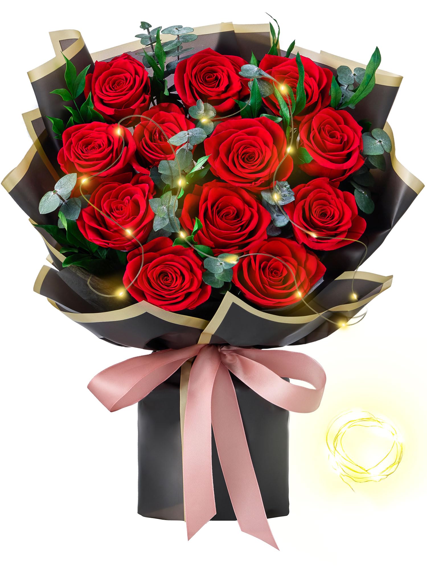 Mosstory Flower Bouquet 12-Piece Red Preserved Roses Bouquet with Led Lights Gift for Women Wife Mother Day Wedding Anniversary Birthday (Black)