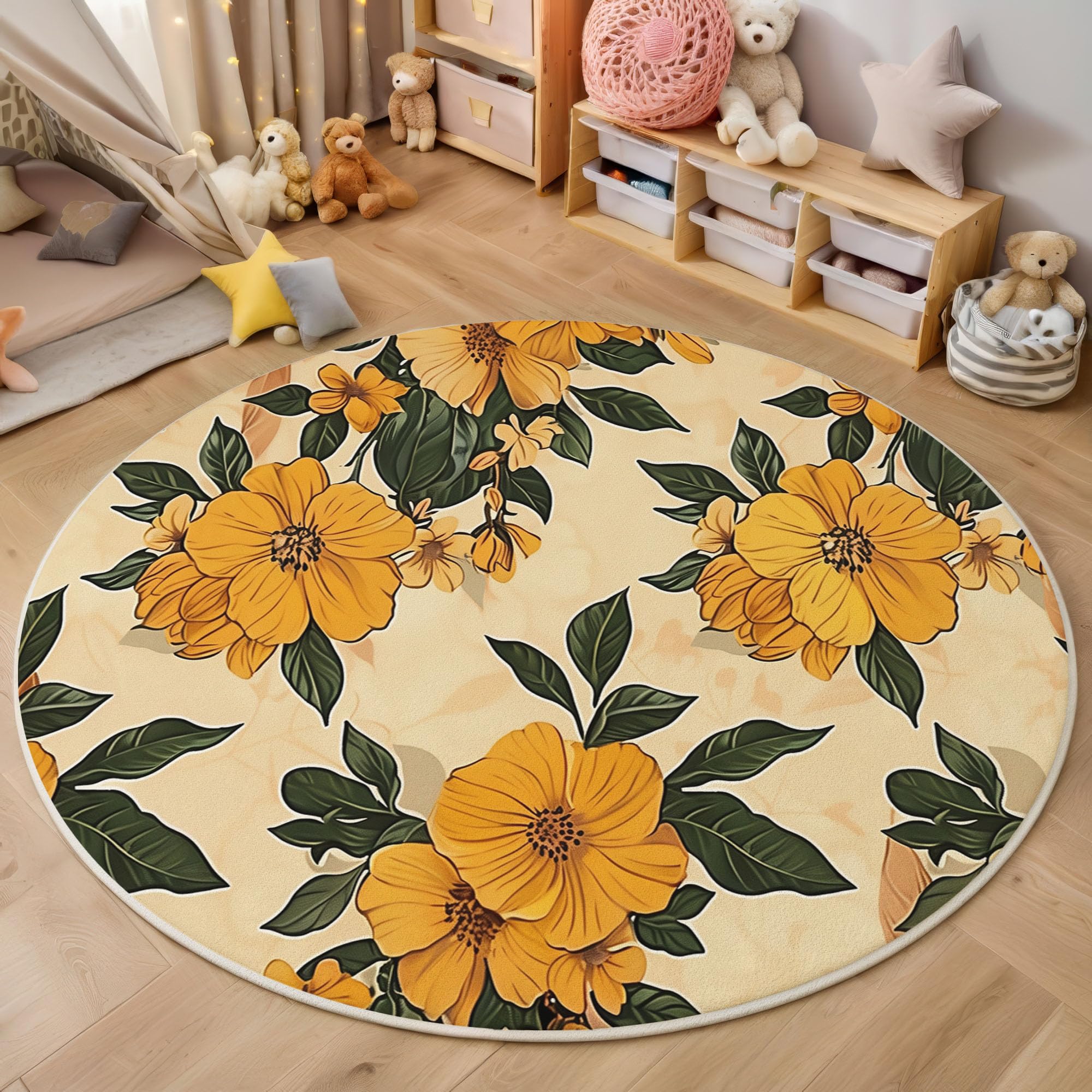 Runder Teppich Senfgelb 100cm Kurzflor Teppich Weich Waschbar Gelbe Blumen Stuhlkissen Rund Pflegeleicht und Wetterbeständig für Wohnzimmer, Schlafzimmer, Büro