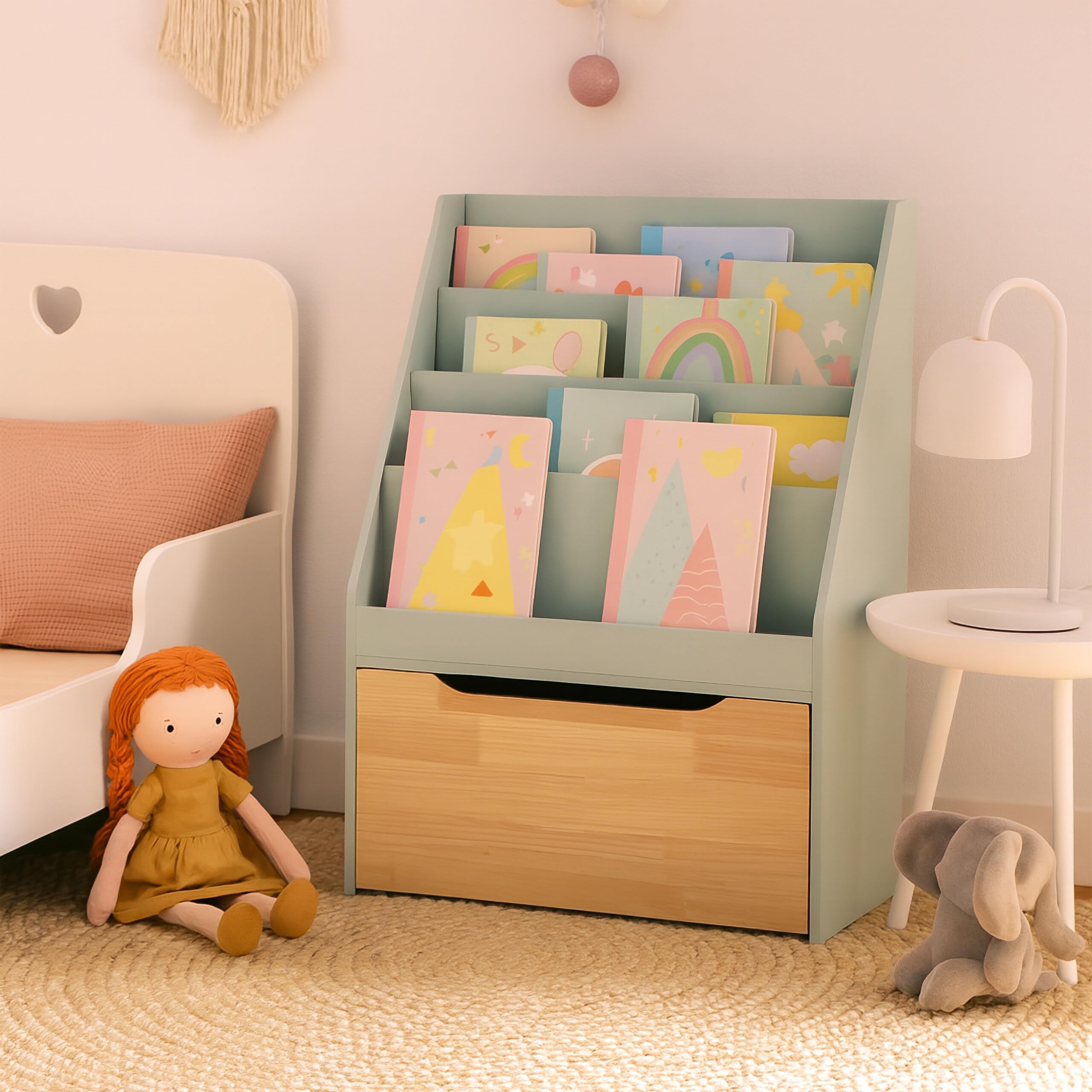 Estantería Relaxdays para niños, 80 x 60 x 30 cm, 4 estantes, Caja de Juguetes con Ruedas, Turquesa/Natural