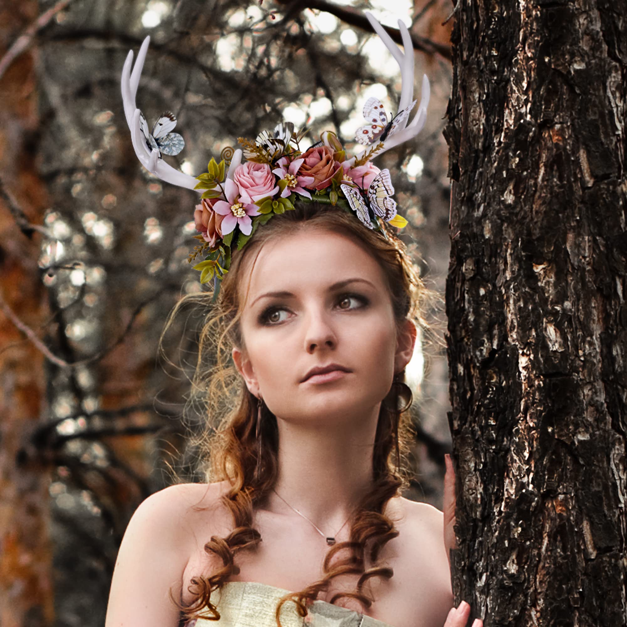 MOSTORY Fairy Antler Headband for Woodland Accessories Flower Crwon with Pink Flower for Wedding Prom Cosplay Renaissance Halloween - Image 2