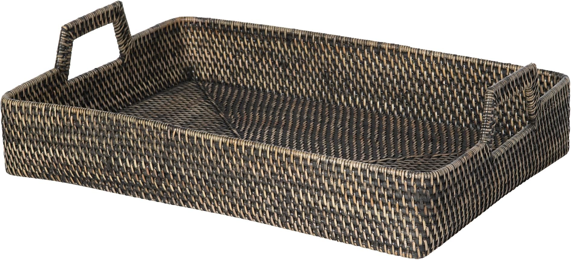 Loma Rectangular Decorative Rattan High Wall Serving Tray, Breakfast and Ottoman Tray (Black-Antique)