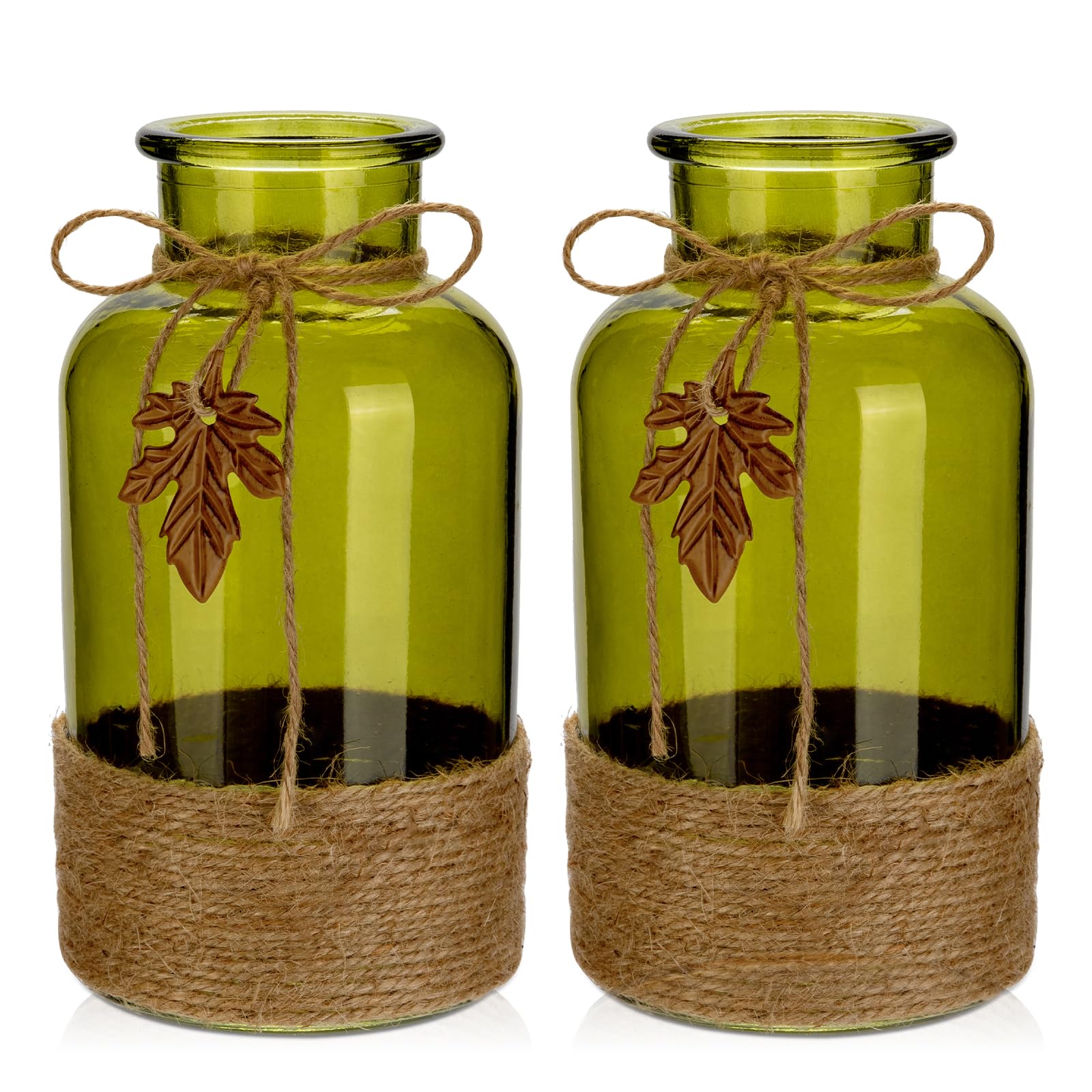 Briful 2 Pack Large Glass Vases with Jute Rope, Green Flower Vases, Glass Jar for Home Kitchen Decor