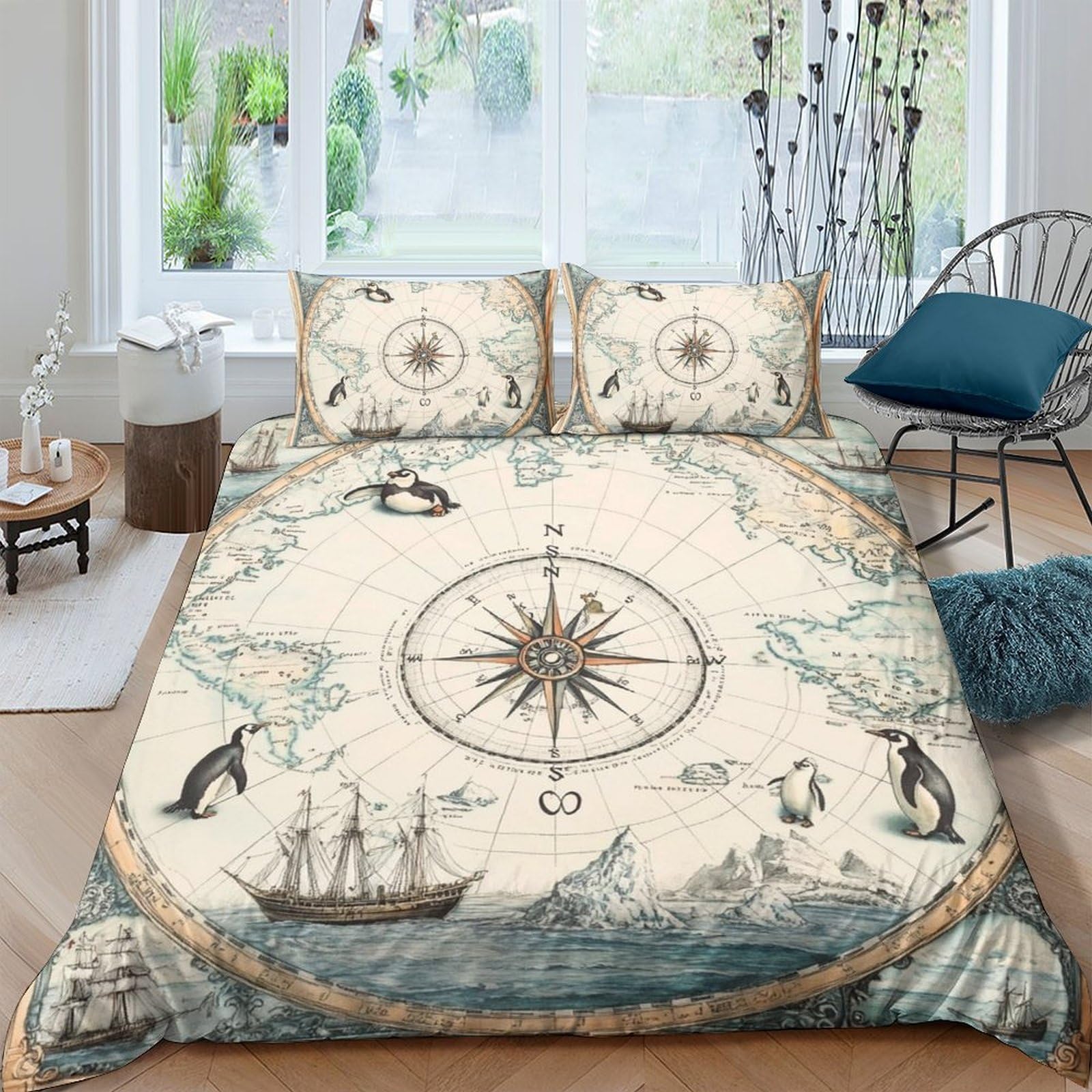 Ctjqhvkz Style-6 3D Printed Vintage Nautical Map Fitted Sheet Microfiber Soft Breathable Compass Ship Mattress Cover For Bedroom Guest Room Decor Single（135X200cm）