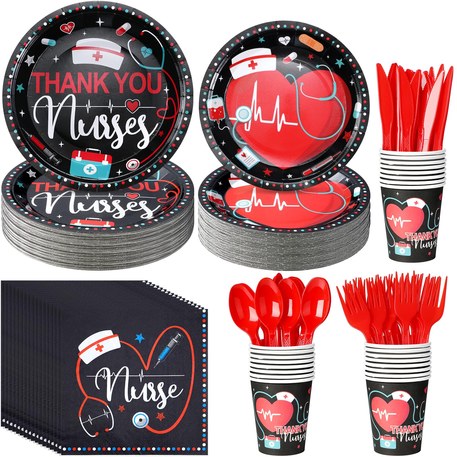 Nurse Graduation Paper Plates and Napkins Decorations Serve 50, Nursing Party Disposable Plates Napkins Cups Forks, Thank You Nurse Party Supplies for