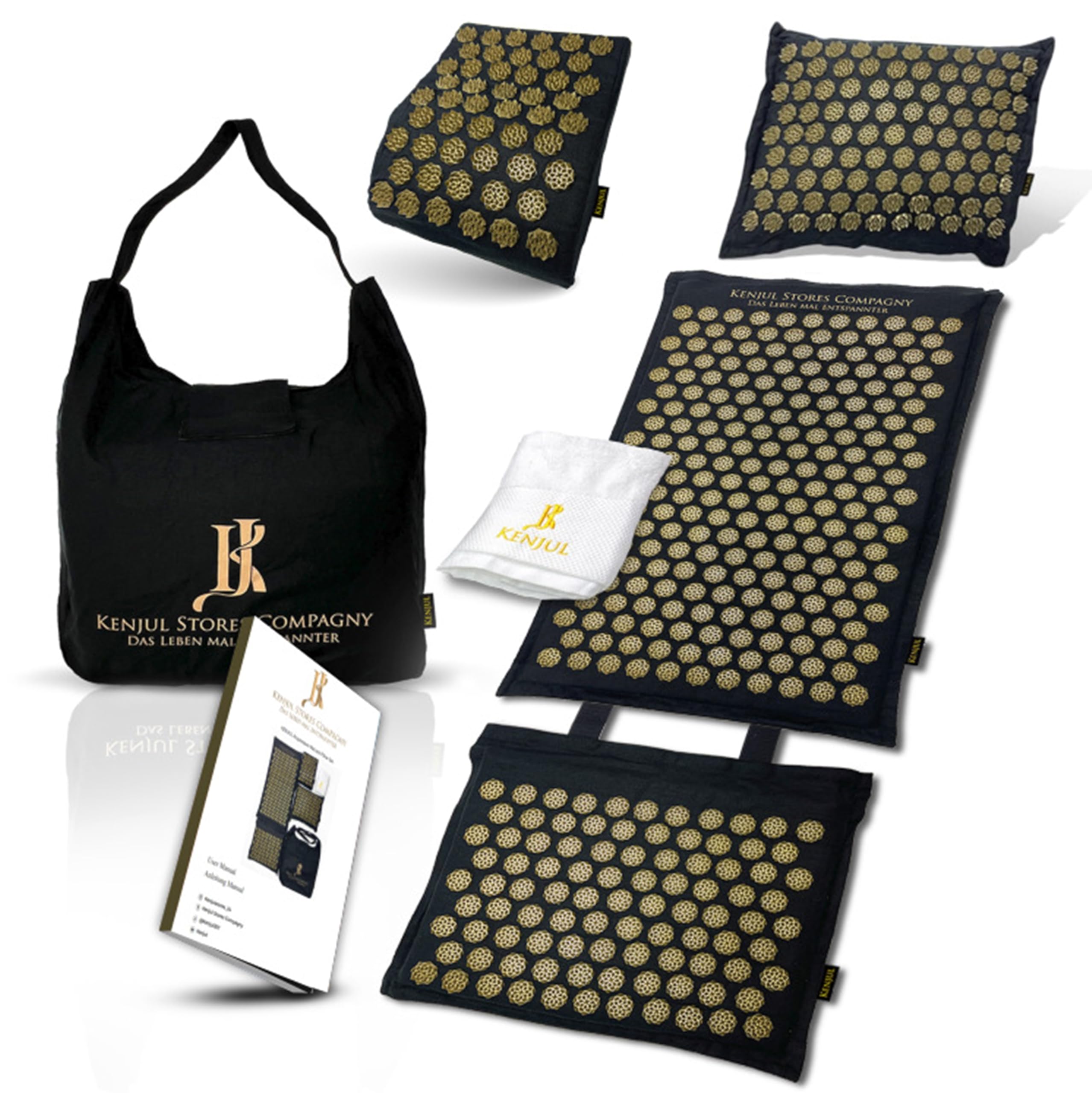 Akupressurmatte XXL (6-teilig) mit ergonomischem Kissen & Wärmfunktion – Ganzkörpermassage zur Linderung von Verspannungen, Rücken- und Nackenschmerzen inkl. Tasche & Anleitung (Schwarz-Gold)