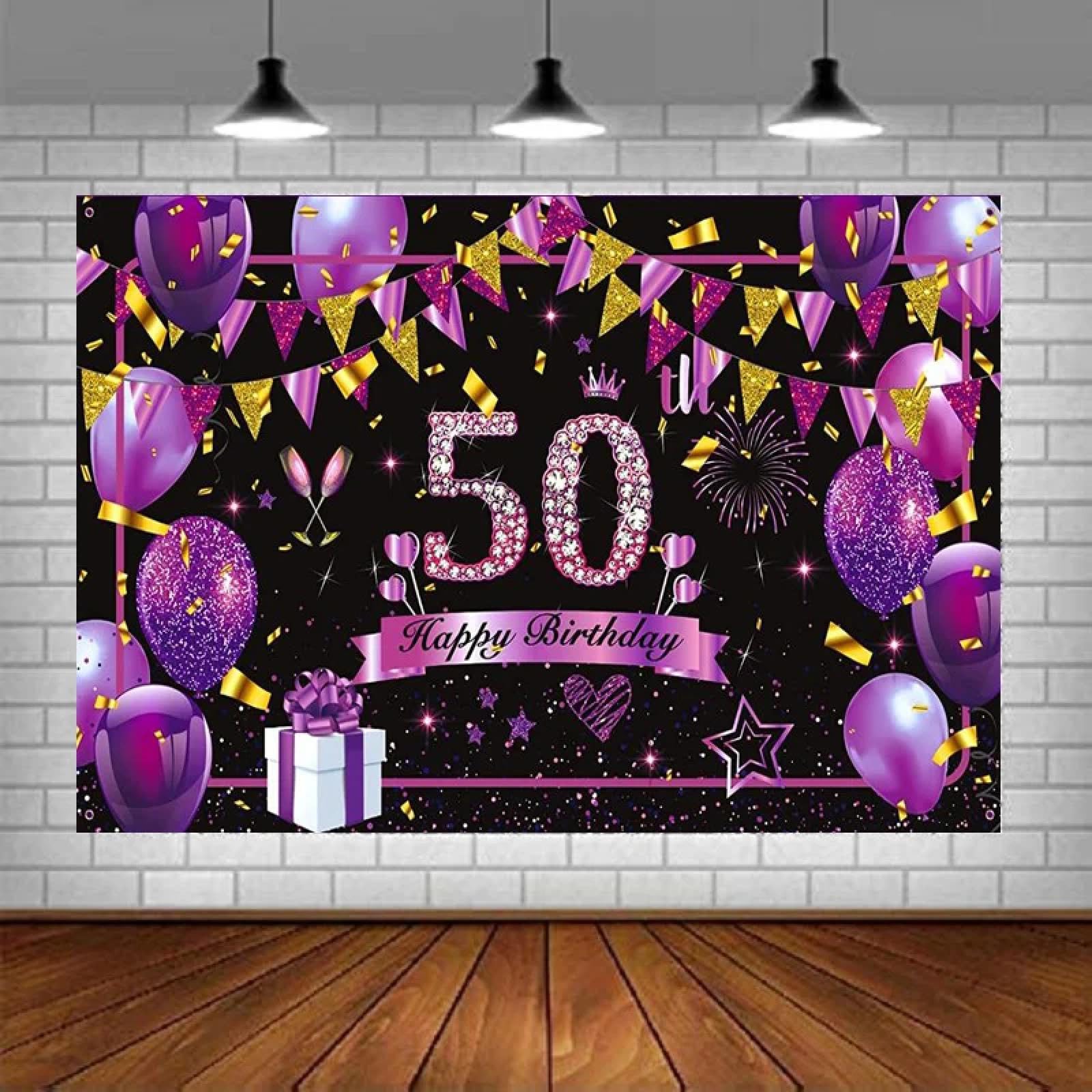 Szczęśliwe 50. urodziny przyjęcie fotograficzne tło baner fioletowe dekoracje fioletowe czarne tło błyszczące fioletowe czarne 250 x 180 cm