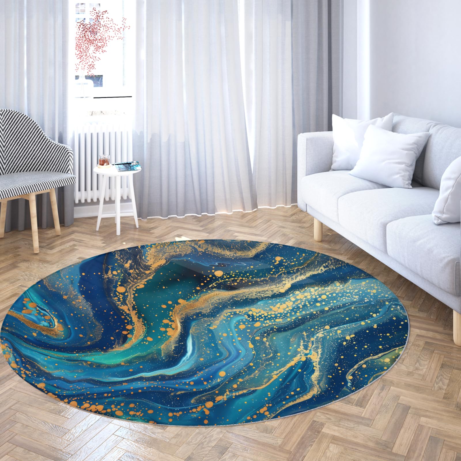 Tapis rond galaxie marbre lavable 240cm bleu or pour salon et den