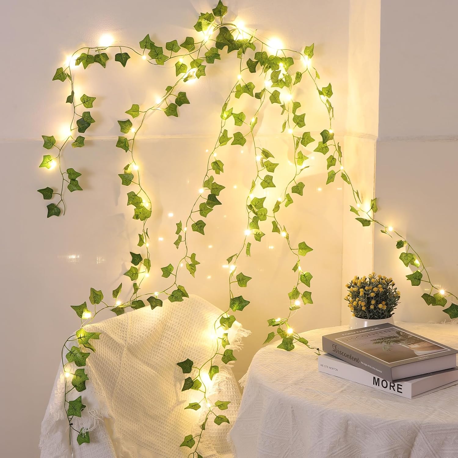 Vines with Lights Battery Operated, 6.56ft 20 LED Vines with Fairy Lights, Leaf Lights with 8 Modes, Fake Vines Ivy String Lights for Bedroom, Wall, Room, Garden, Party Decor, 8 Pack