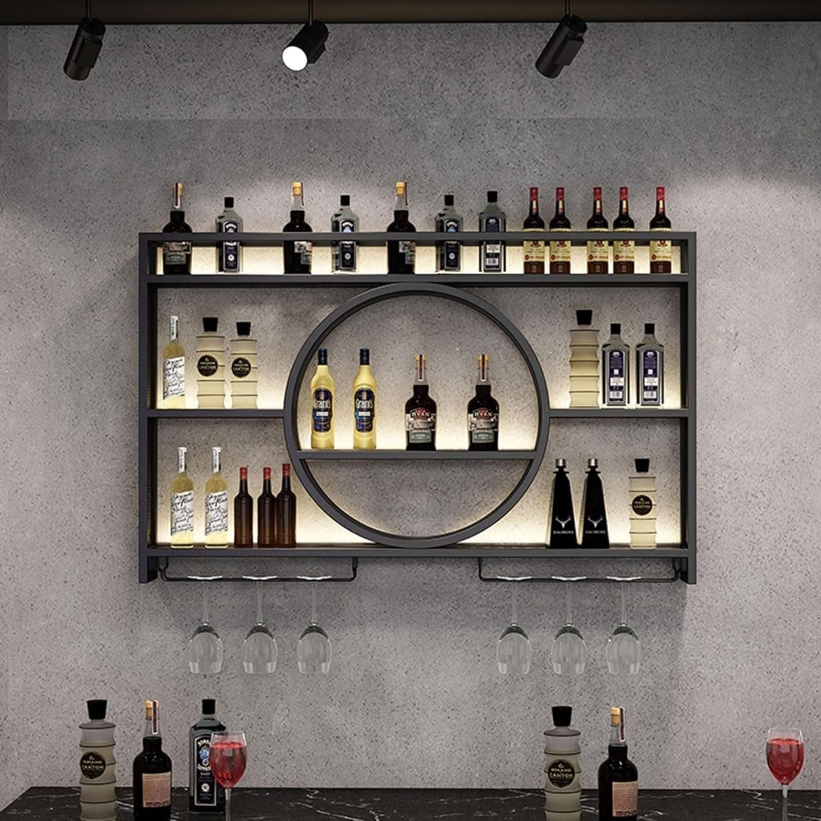 Moderno botellero de metal con luz LED para vino Slish y portavasos para casa, bar, cocina y catering, color negro, 1 m (negro/blanco, 1 m)