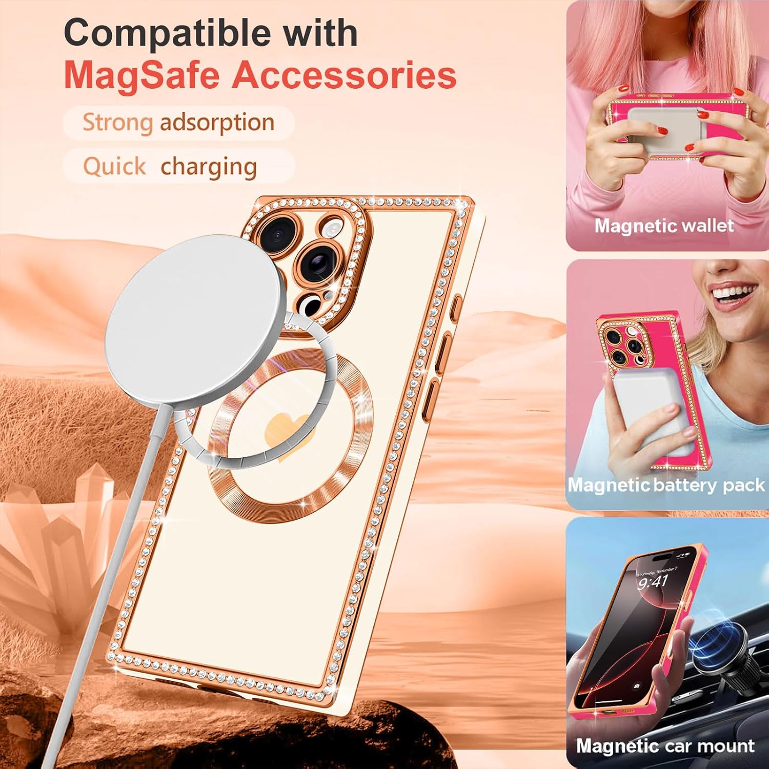 for iPhone 16 Pro Case Glitter for Women Girls Sparkle Diamond Rhinestones Compatible with MagSafe Rectangle Love Heart Gold Plating Full Camera Protection Shockproof Phone Case Cover, White - Image 4